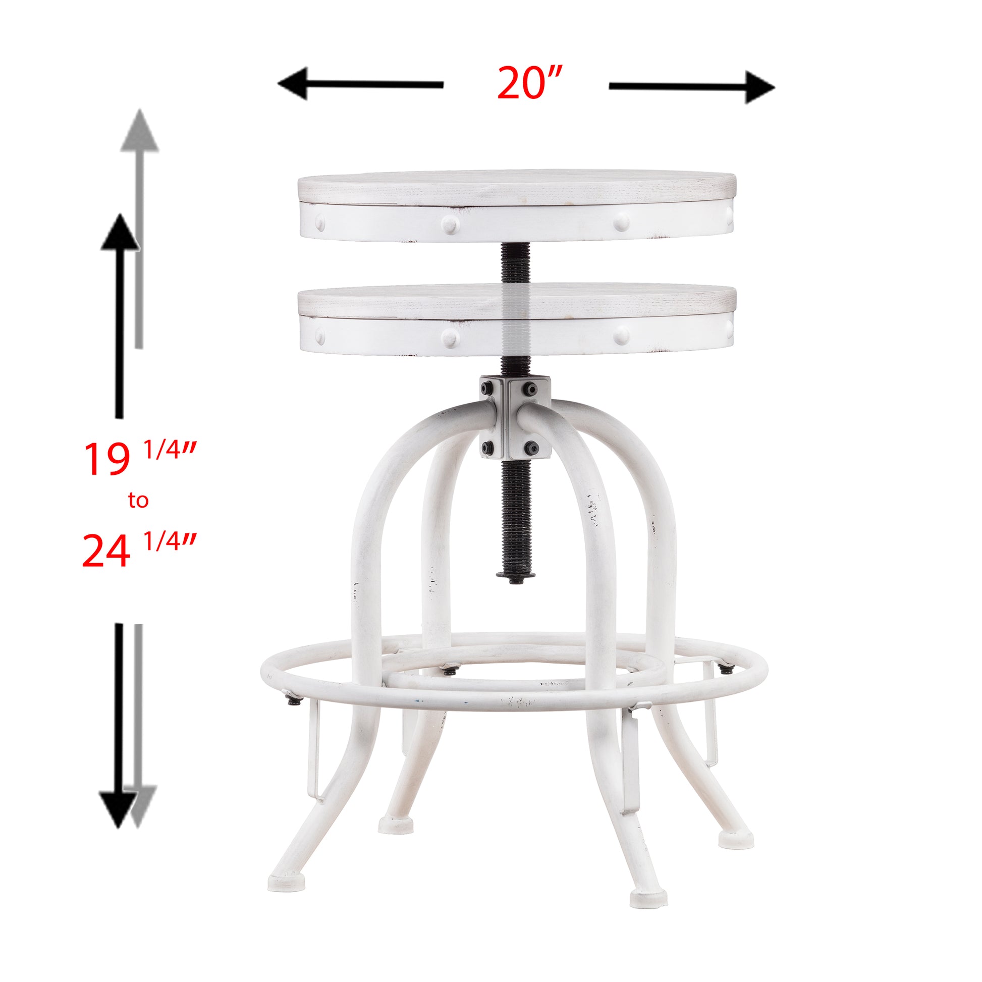 White adjustable height stool with a distressed finish  width