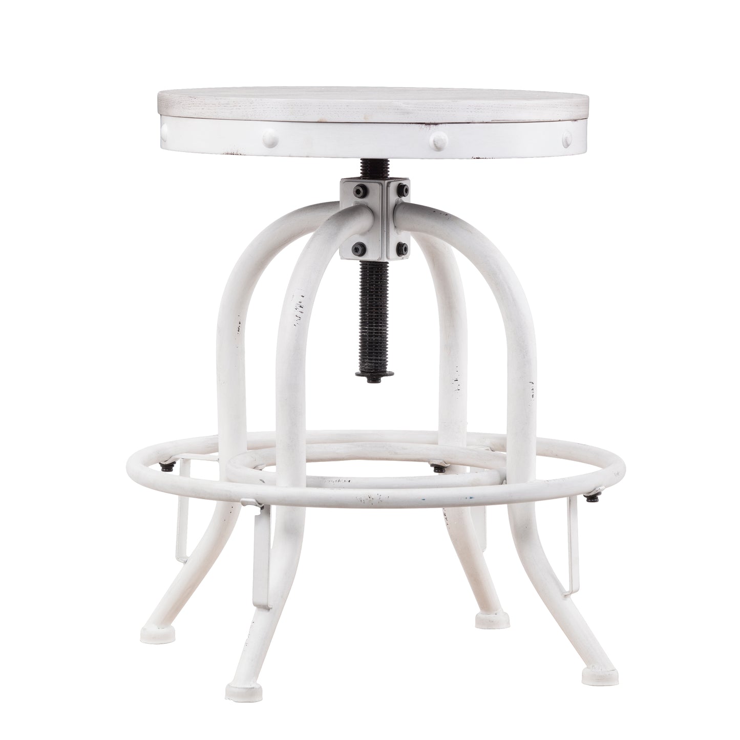 White adjustable industrial stool with distressed wood seat and metal frame for bar or kitchen