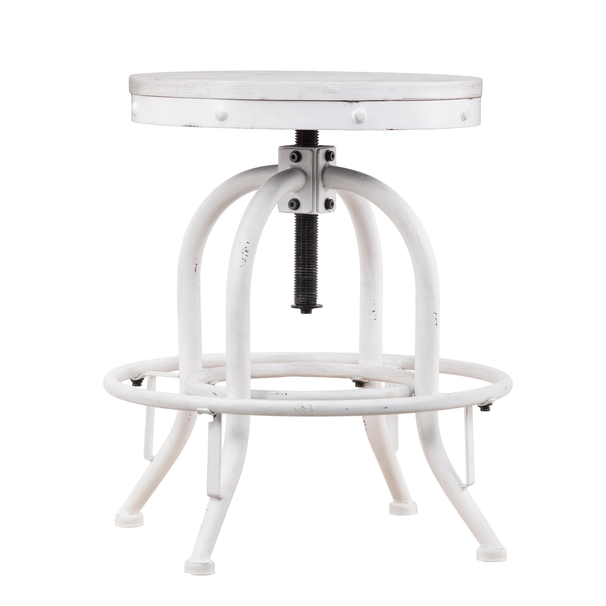 White adjustable industrial stool with distressed wood seat and metal frame for bar or kitchen