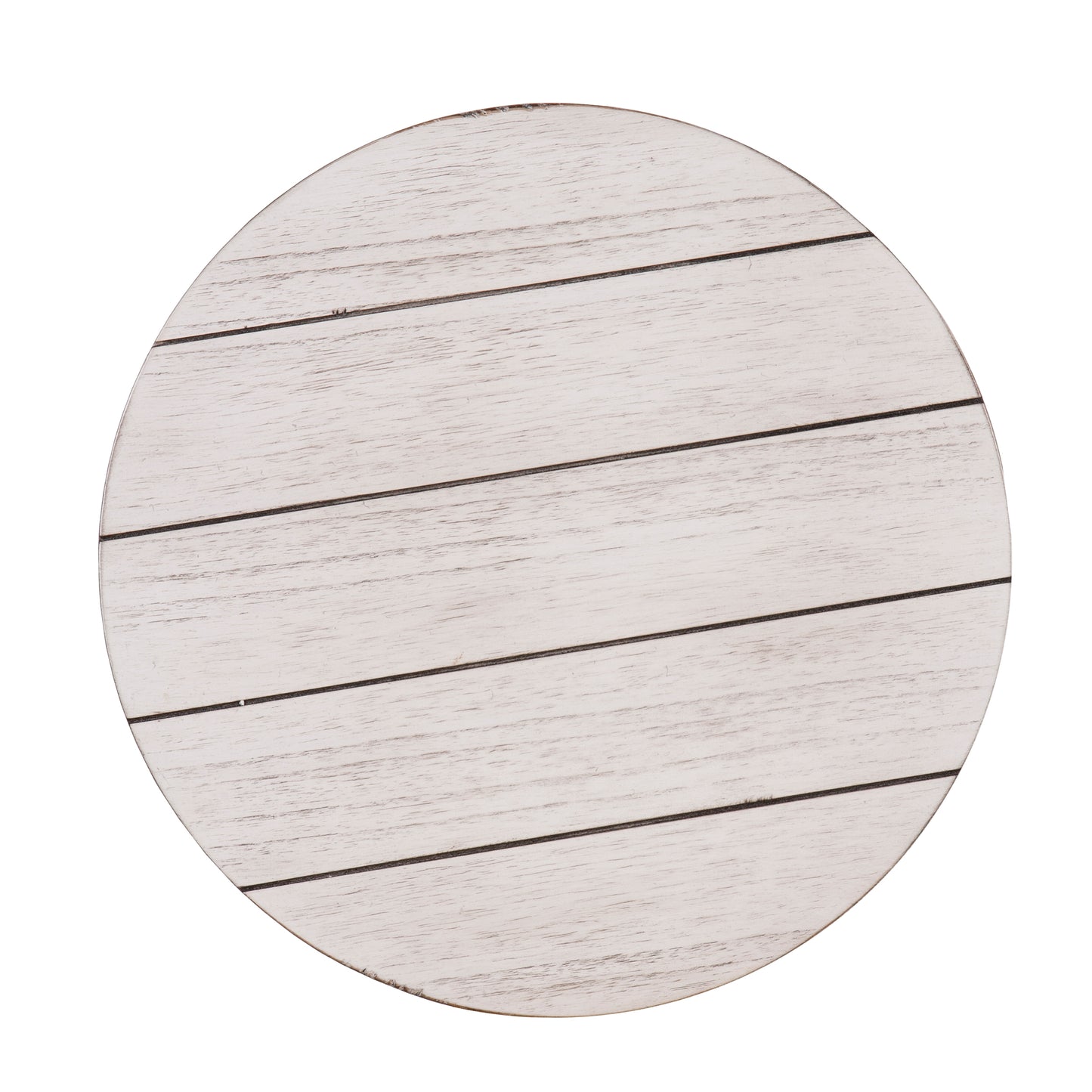 Round distressed white wood table top with dark accent lines