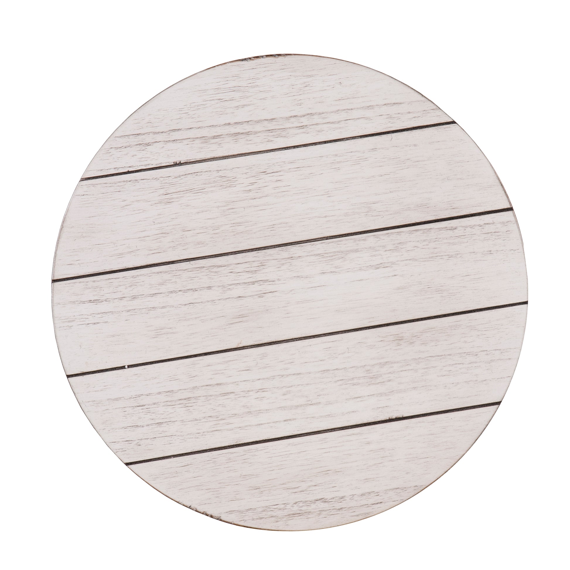 Round distressed white wood table top with dark accent lines