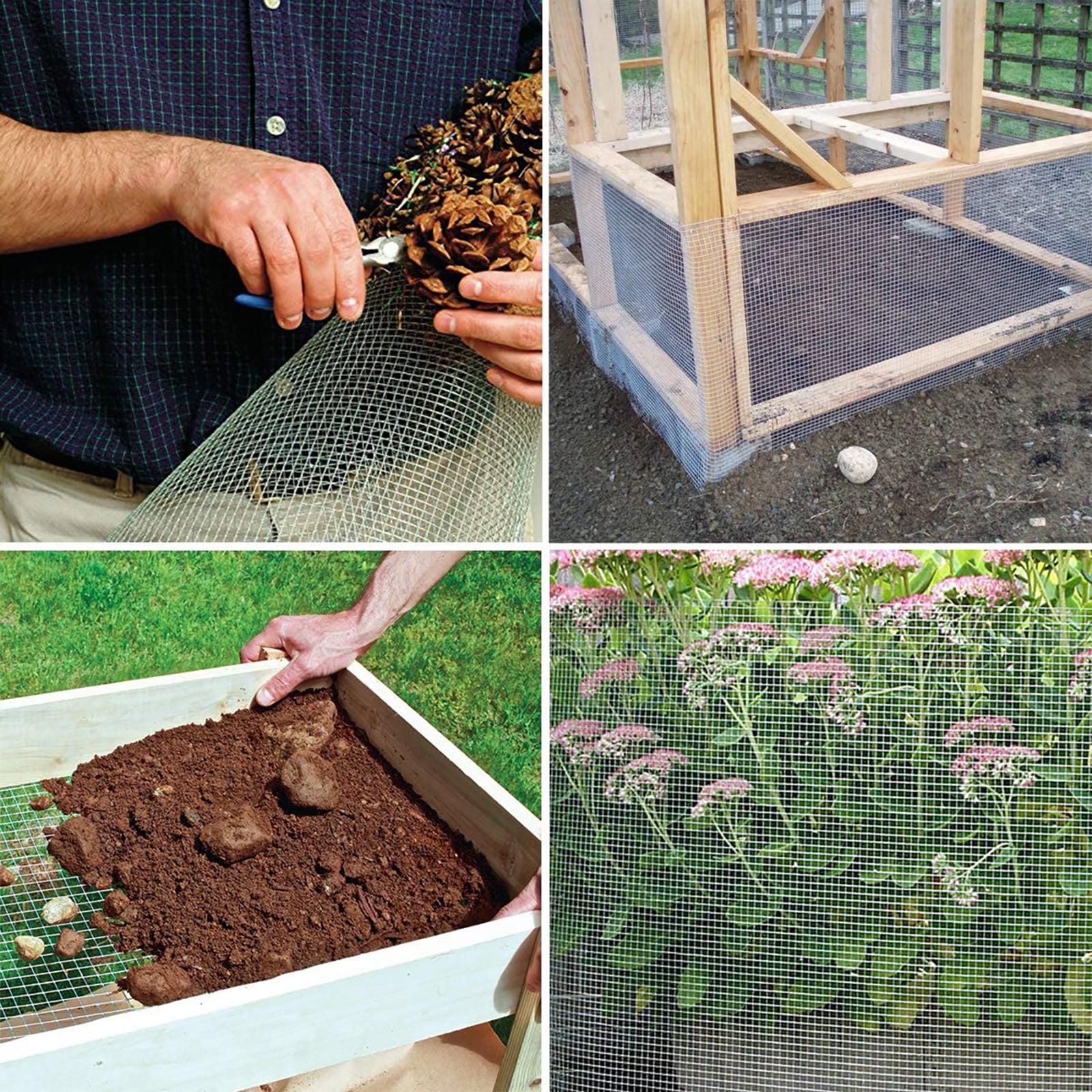 Person attaching fine mesh hardware cloth to a wooden frame for a chicken coop