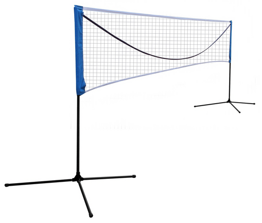 Blue and white portable badminton net with black metal frame and tripod stands