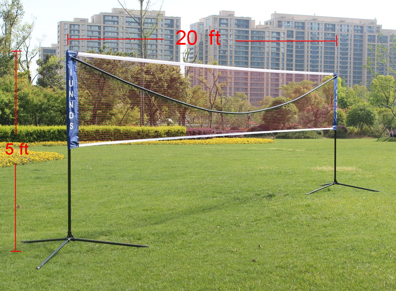 ft adjustable portable badminton net set with black poles and a blue banner