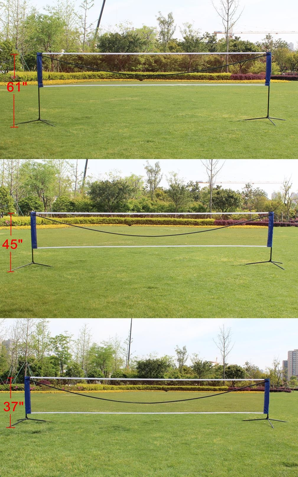 Adjustable blue badminton net at inch height set up on green grass outdoors