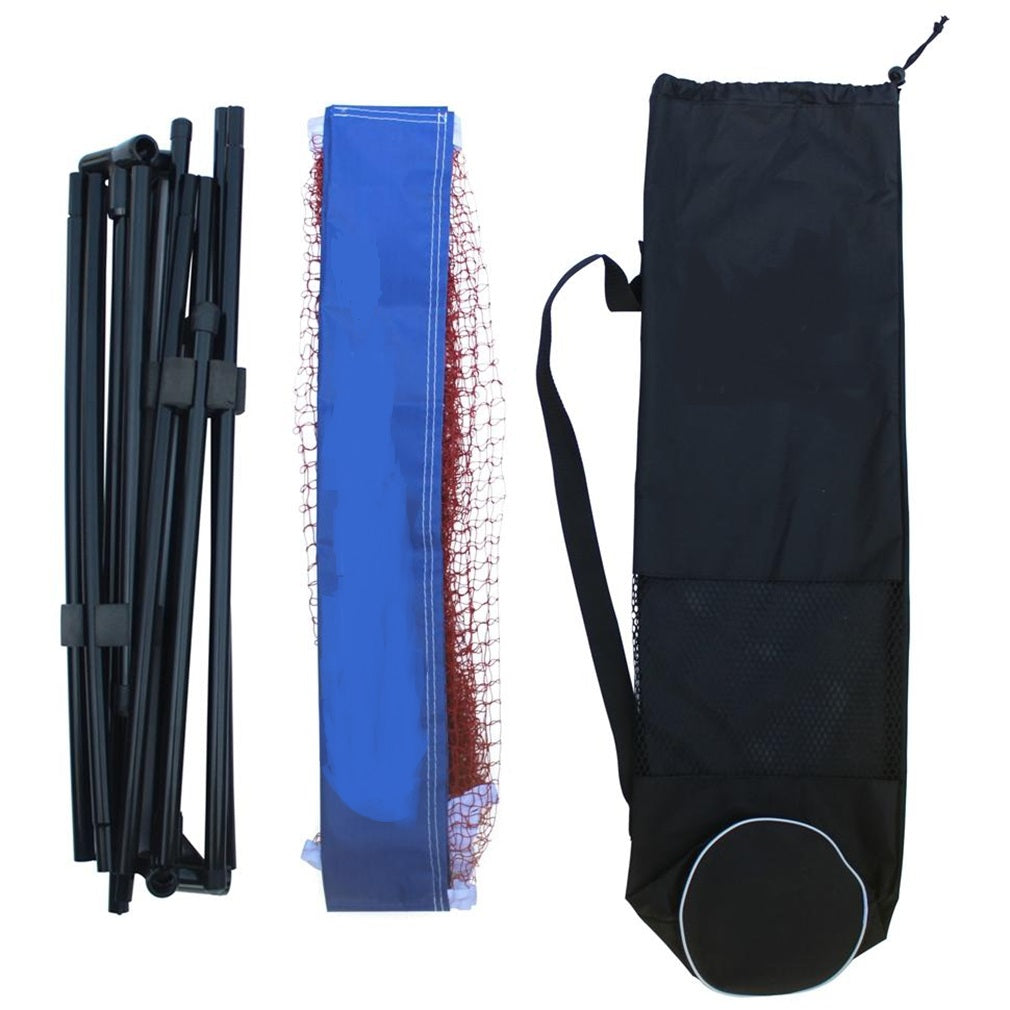 Folded black metal badminton net stand with blue and red net and black carrying bag