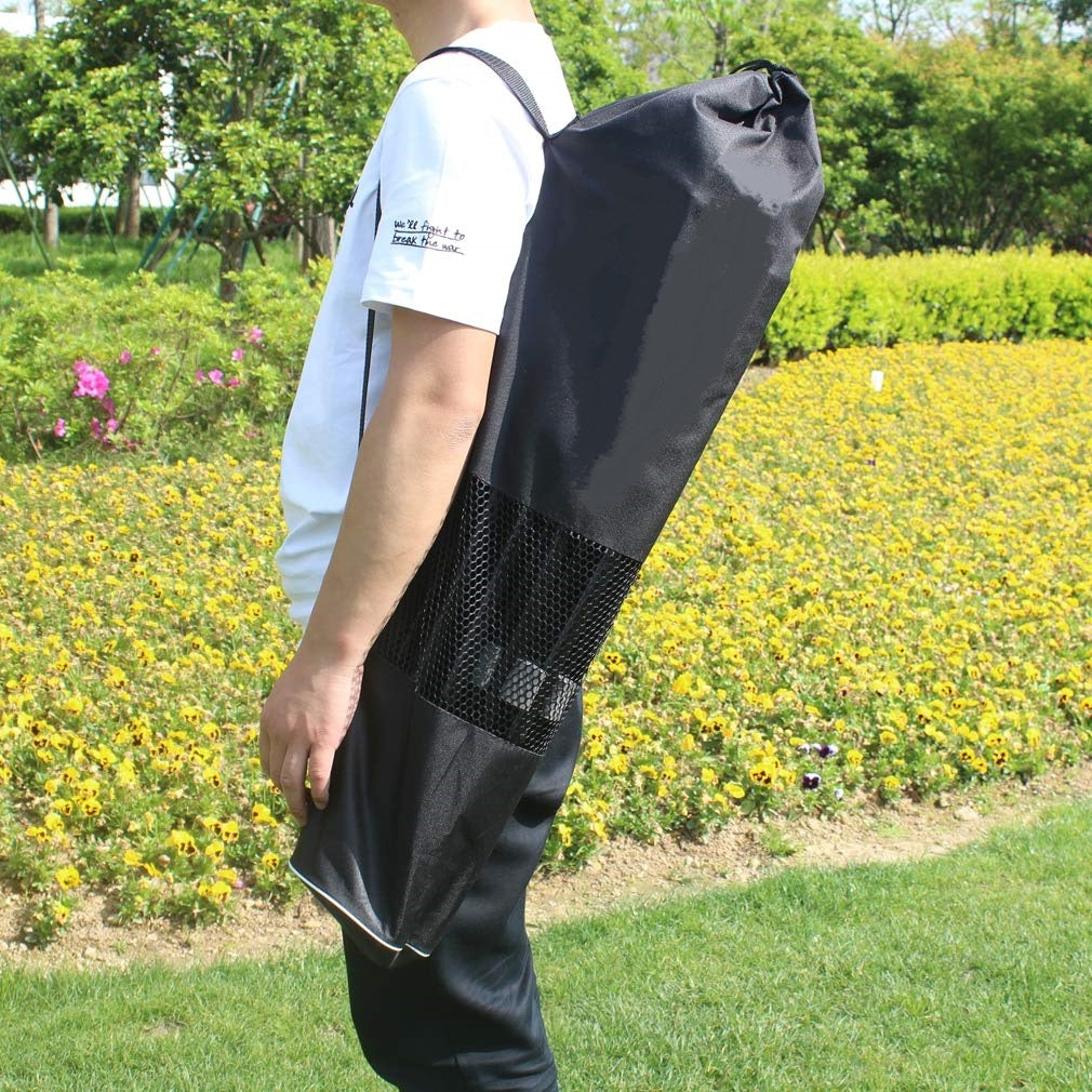 Black meshsided carrying bag for outdoor equipment side view
