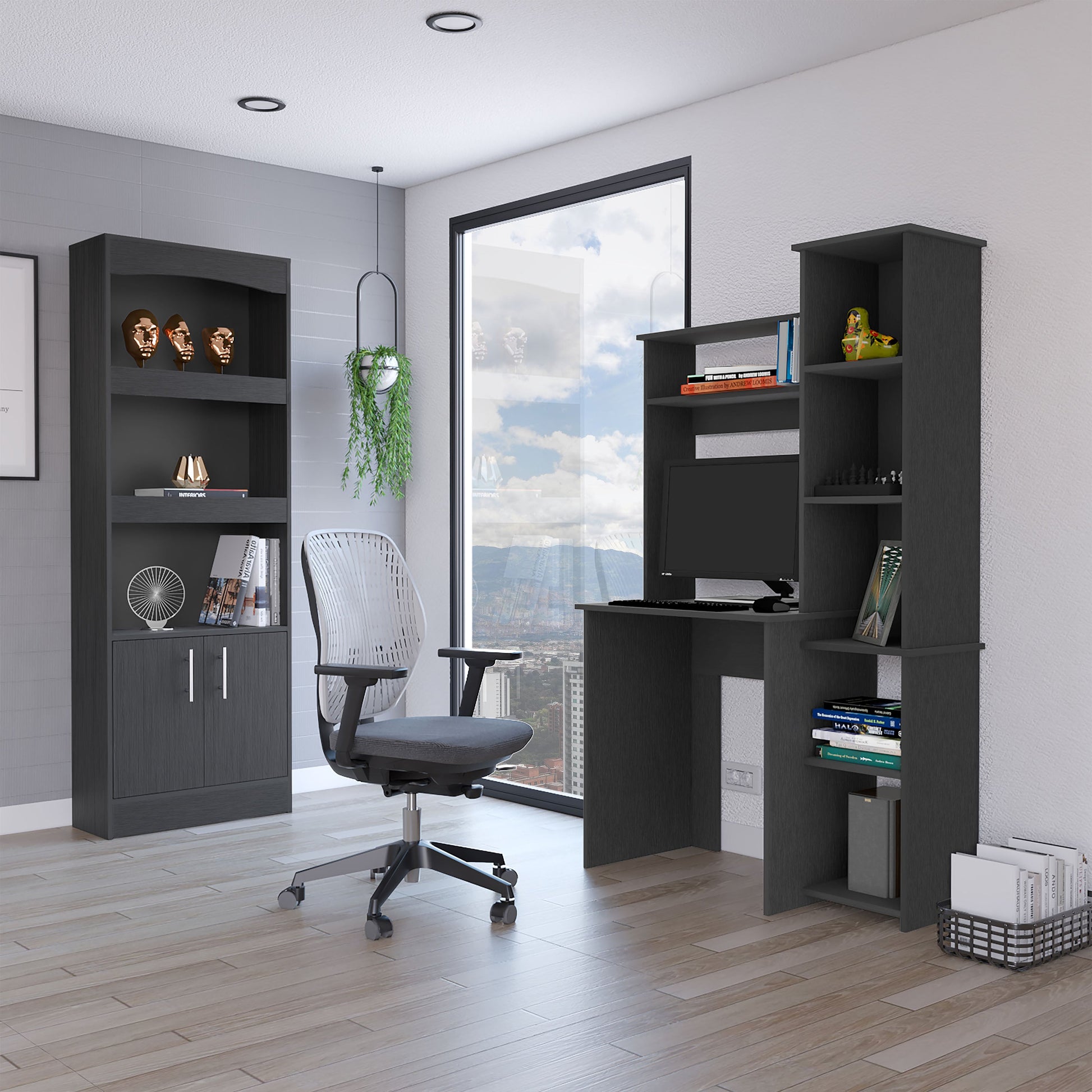Dark gray wood desk with computer and shelves perfect for home office setup