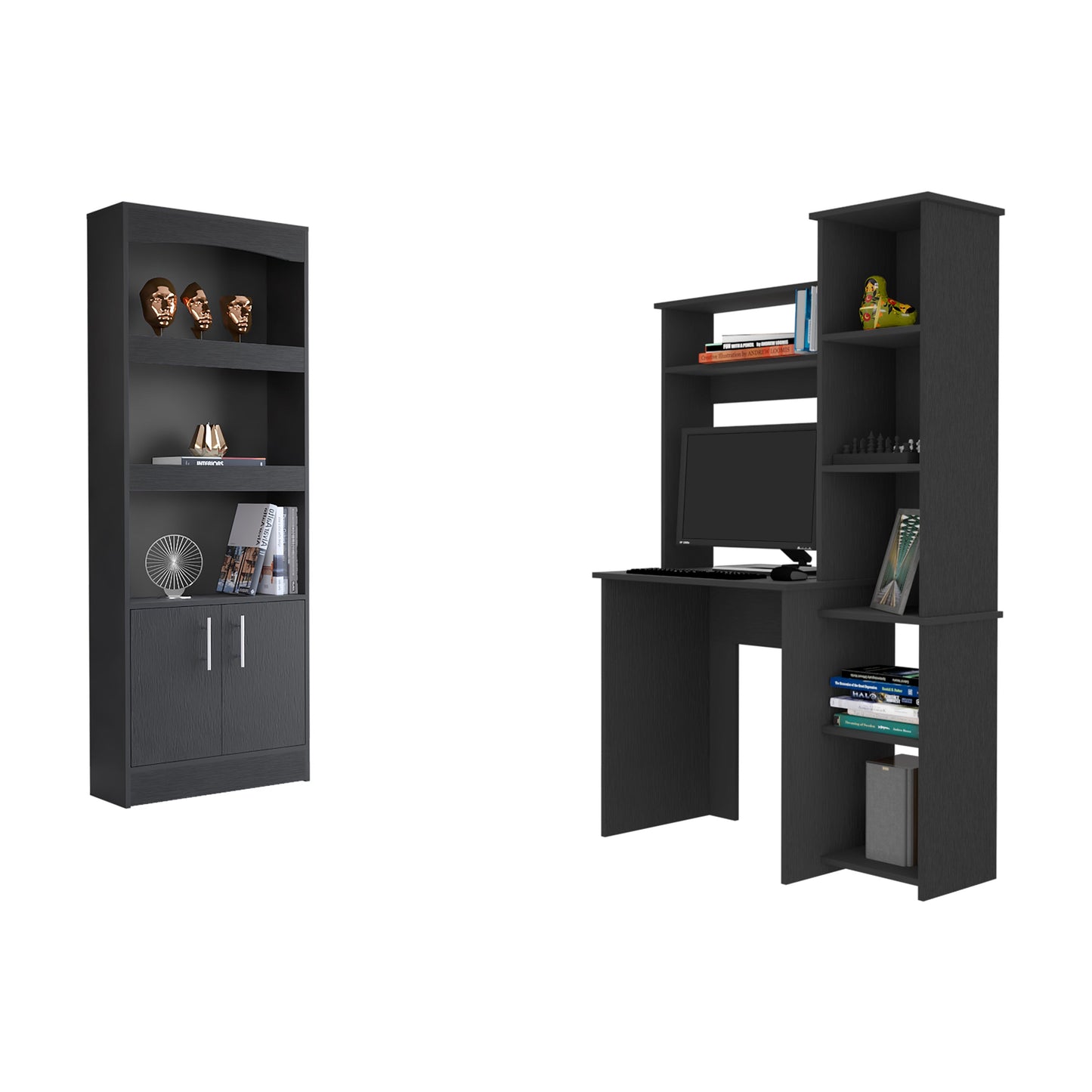 Dark grey modern bookshelf with four shelves and two lower cabinets