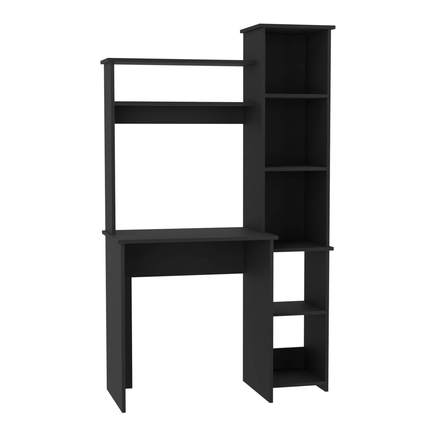 Black compact computer desk with vertical shelving unit for small spaces