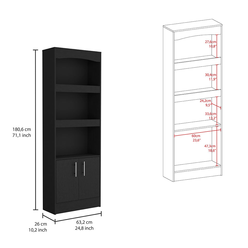 Tall black bookcase with three shelves and two cabinet doors perfect for home storage