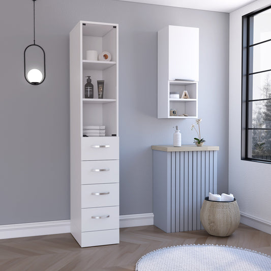 Tall white storage cabinet with multiple shelves and drawers for bathroom organization