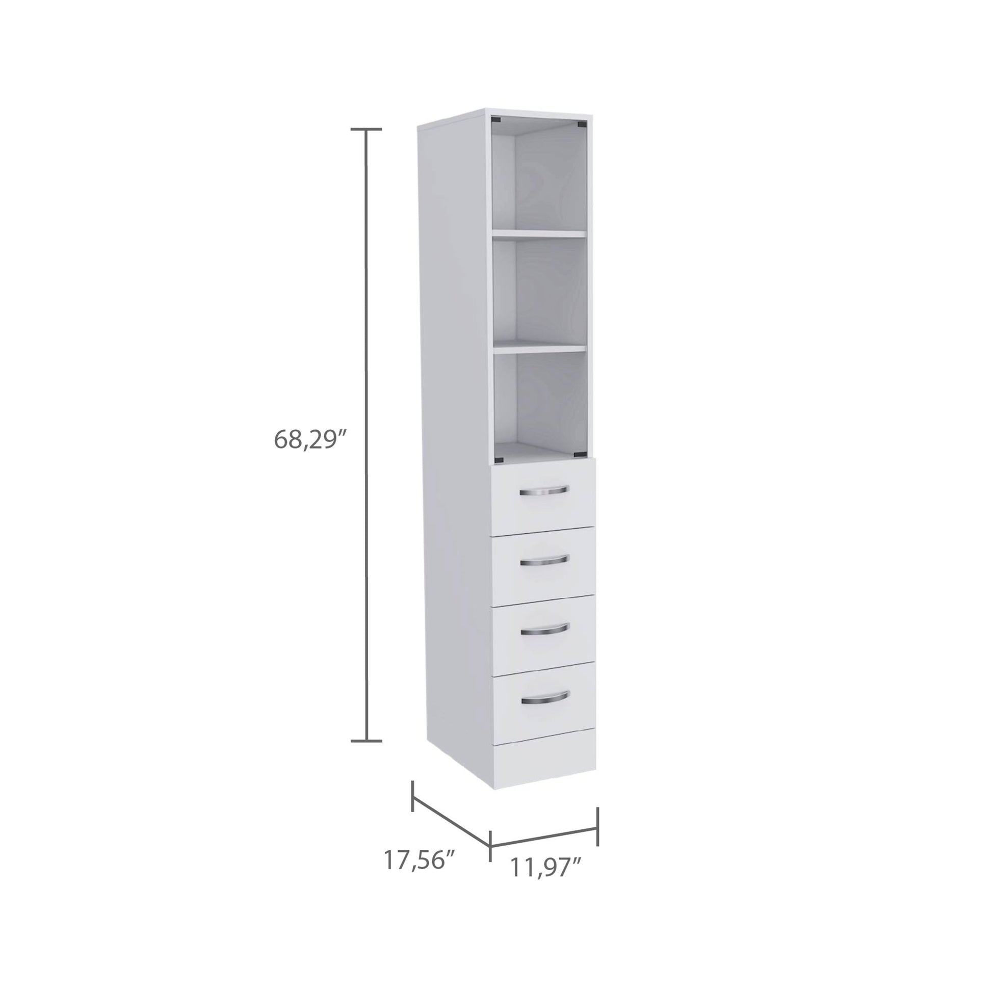 White tall narrow cabinet with two open shelves and four drawers perfect for small spaces