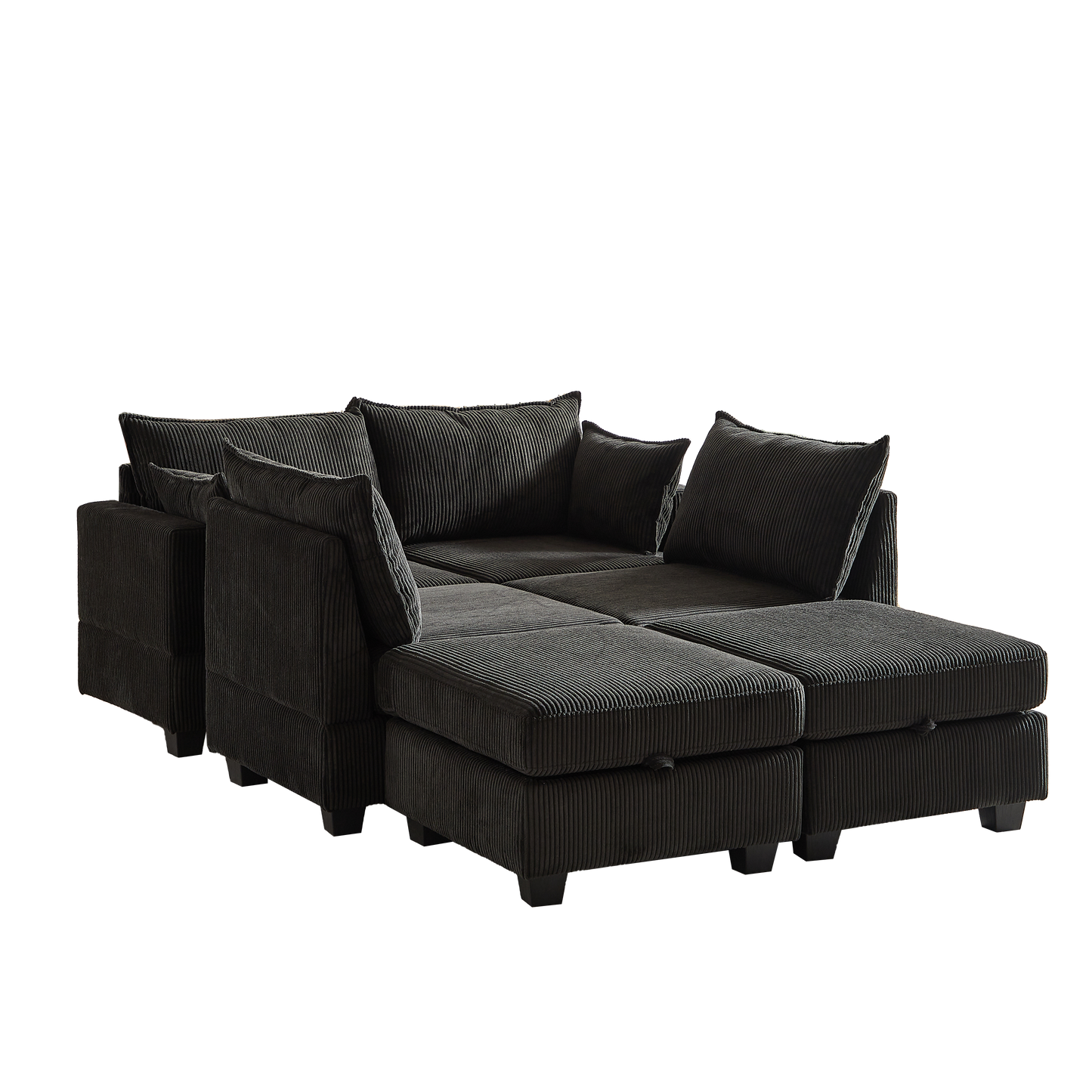 Dark charcoal corduroy sectional sofa with chaise lounge and ottoman perfect for modern living rooms
