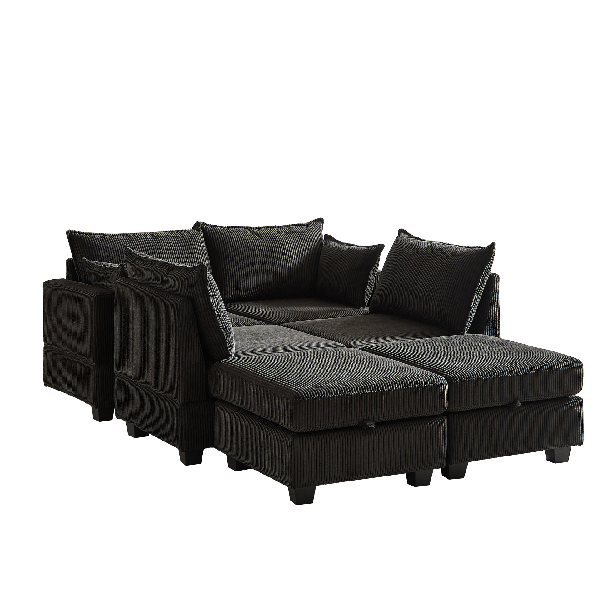Dark charcoal corduroy sectional sofa with chaise lounge and ottoman perfect for modern living rooms