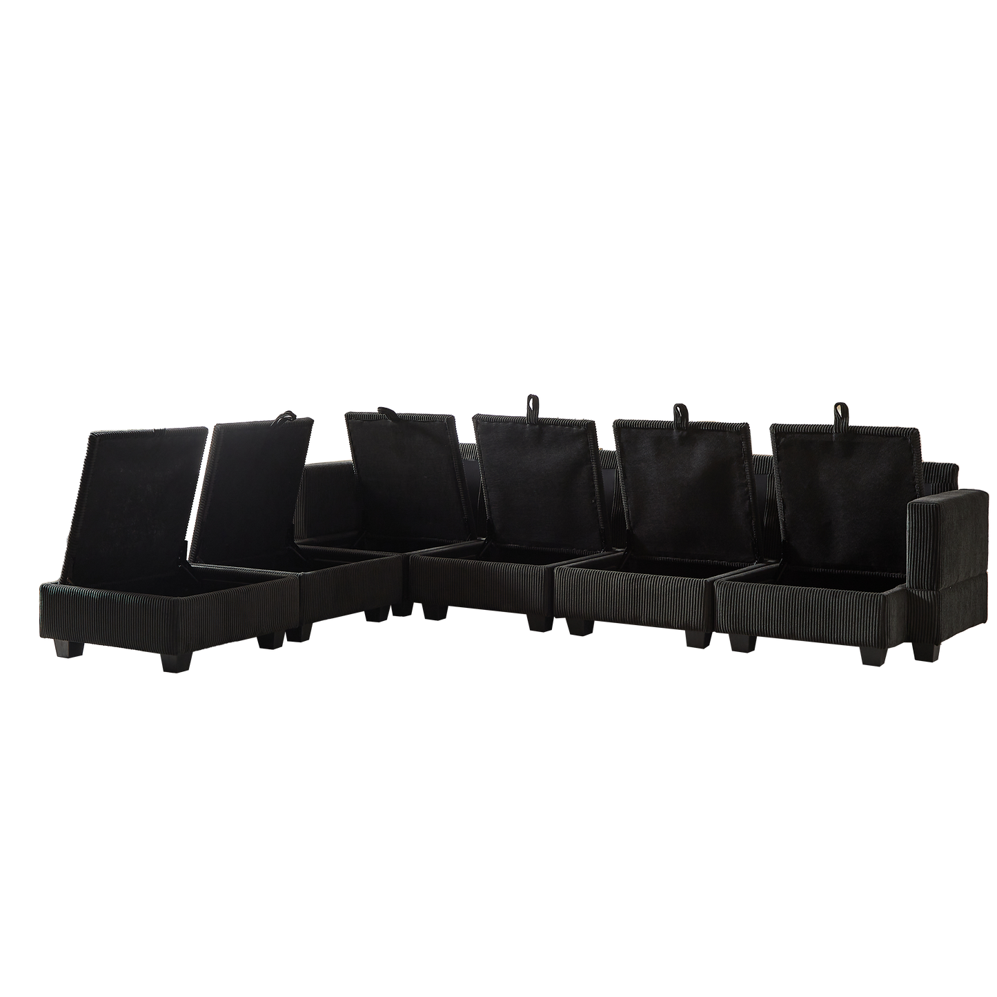 Black corduroy sectional sofa with five hidden storage compartments ideal for living rooms