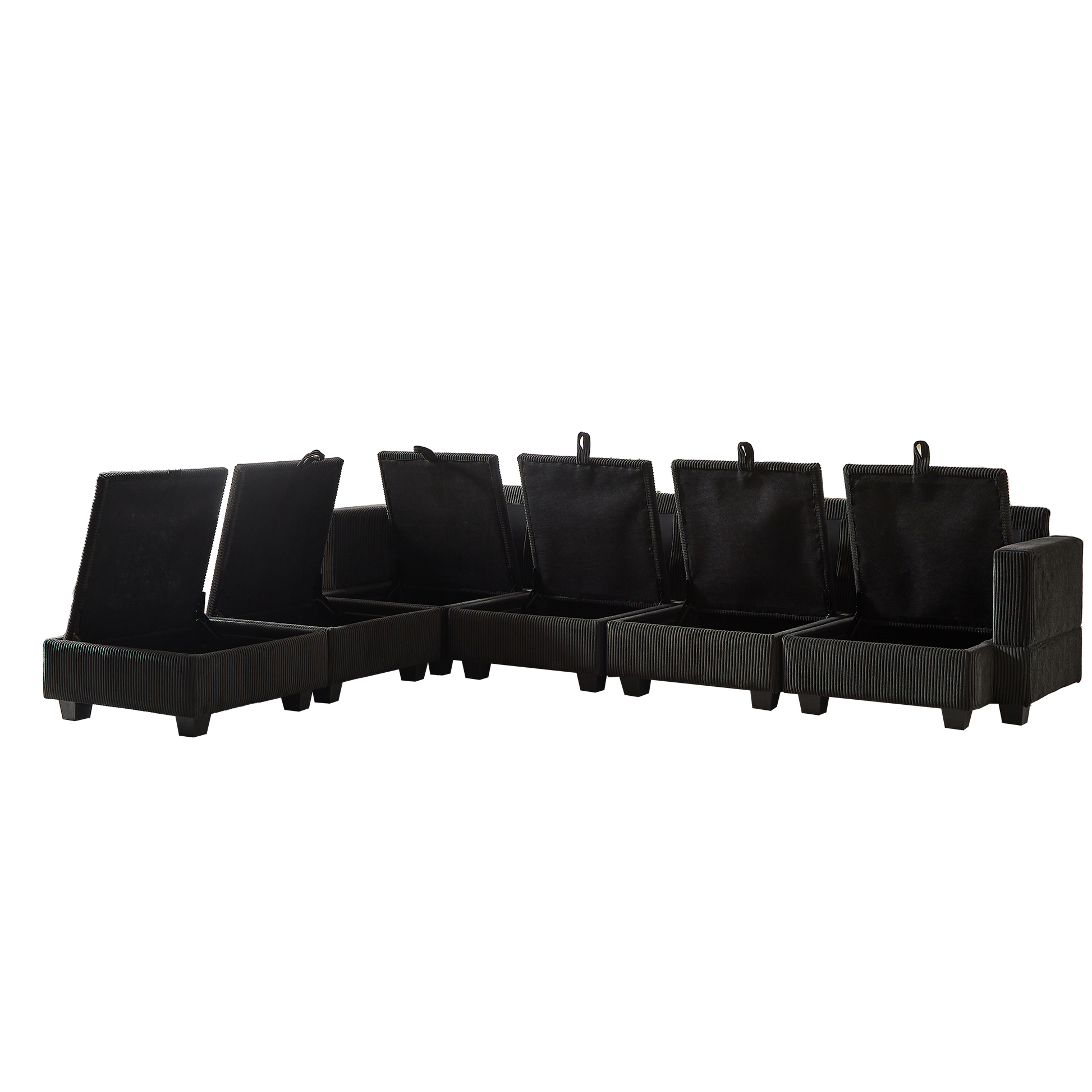 Black corduroy sectional sofa with five hidden storage compartments ideal for living rooms