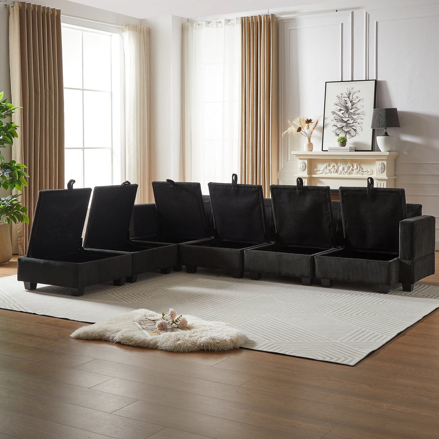 Black corduroy sectional sofa with hidden storage compartments and lifttop seats