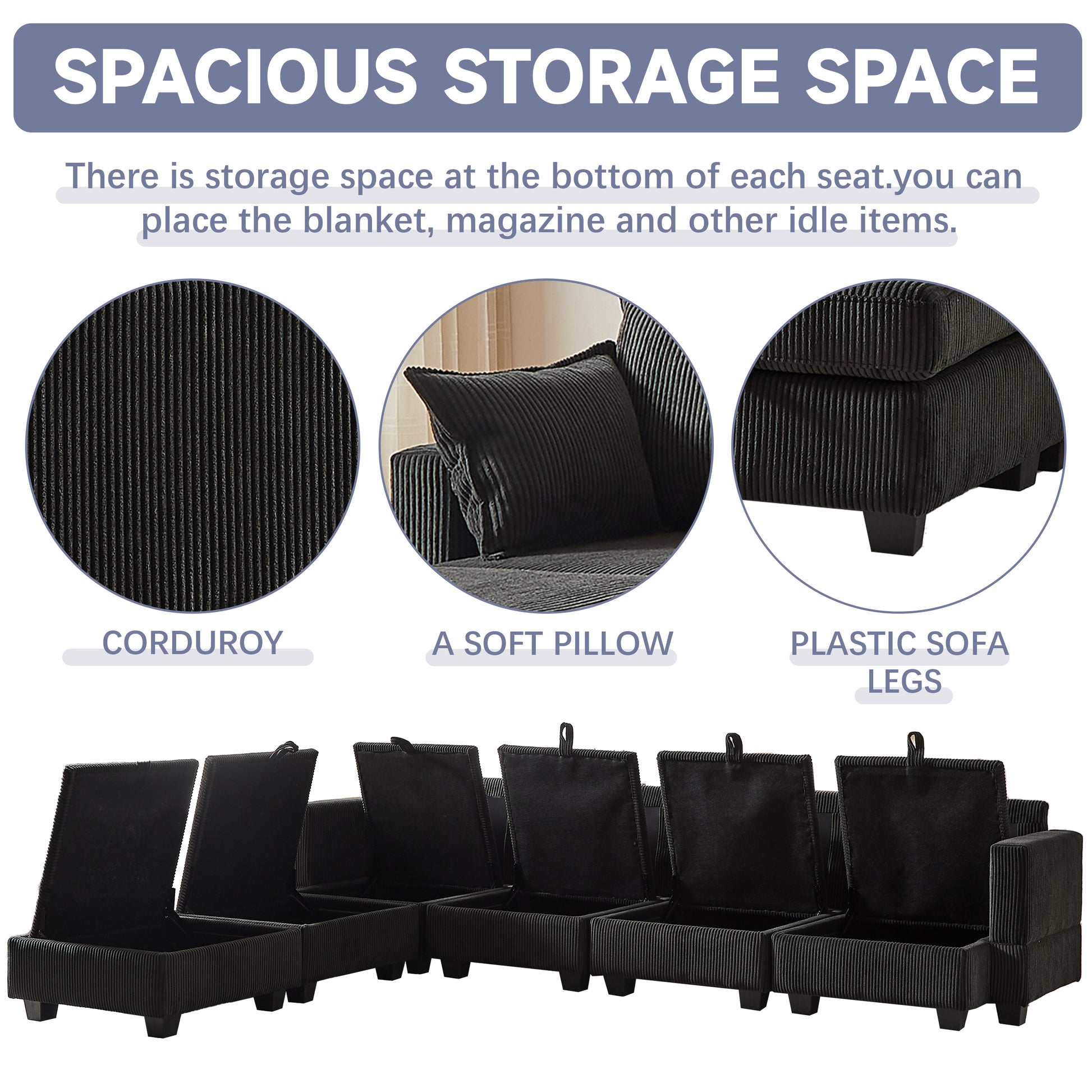 Black corduroy sectional sofa with spacious hidden storage compartments under seats