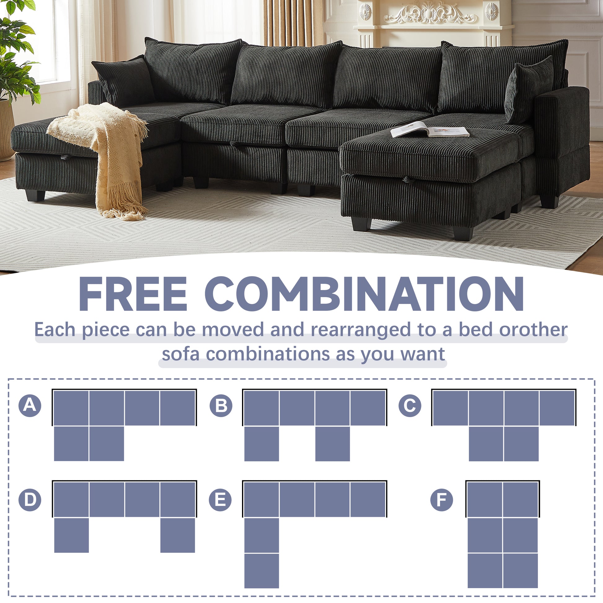 Dark grey corduroy sectional sofa with plush cushions and a cream throw blanket