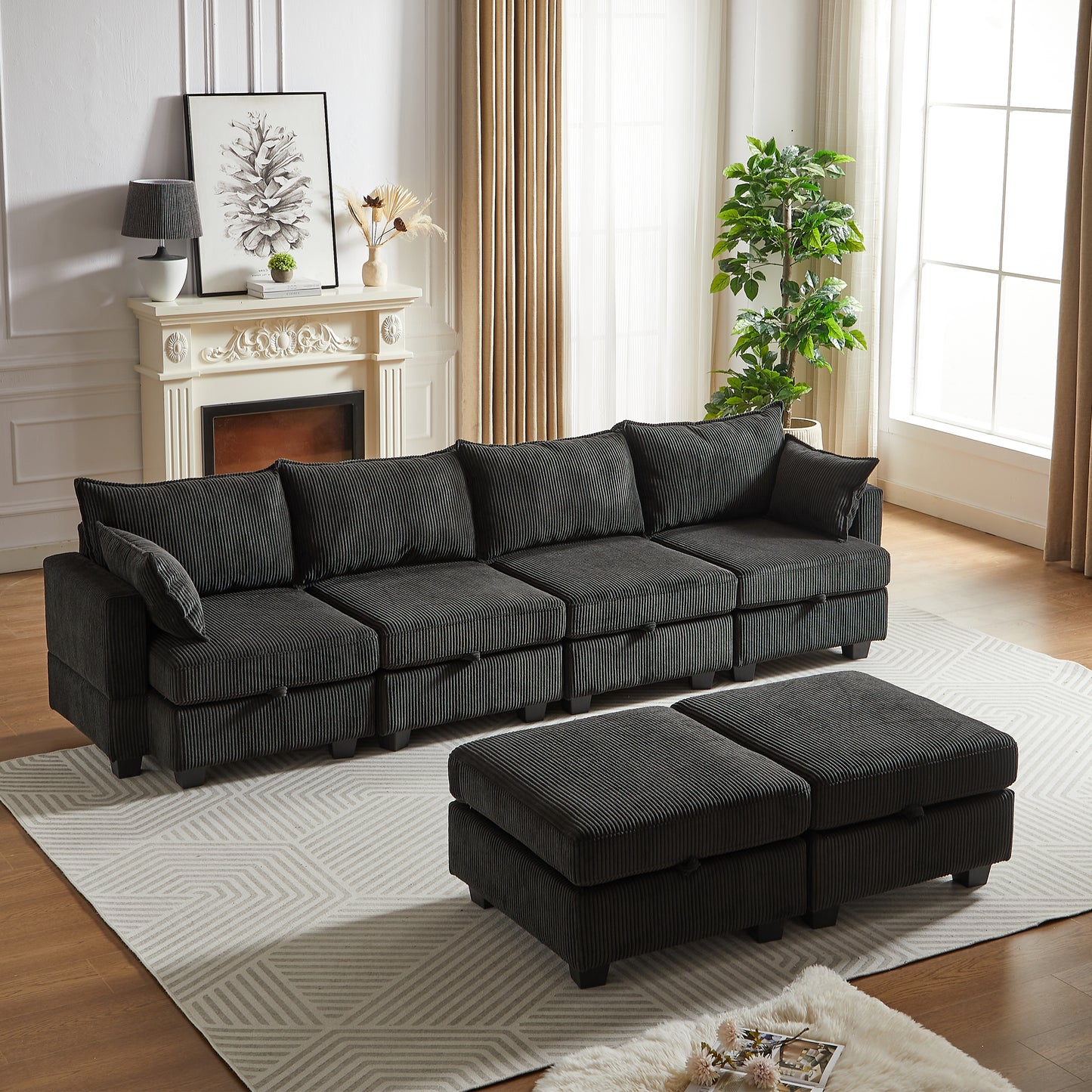 Dark gray corduroy sectional sofa with two matching ottomans for modern living rooms