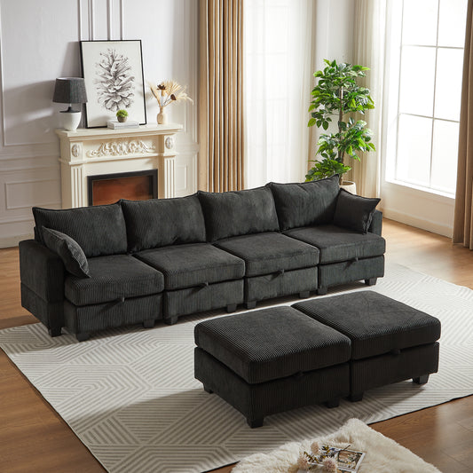 Dark gray corduroy sectional sofa with two matching ottomans for modern living rooms