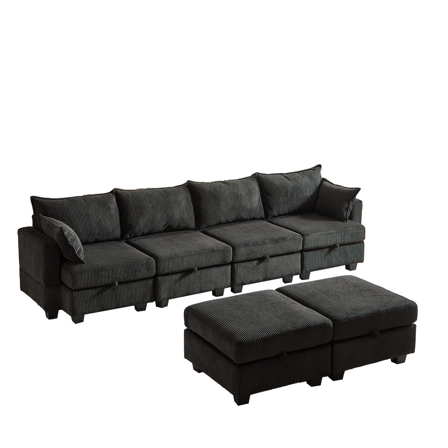 Dark gray corduroy sectional sofa with modular design and two matching ottomans