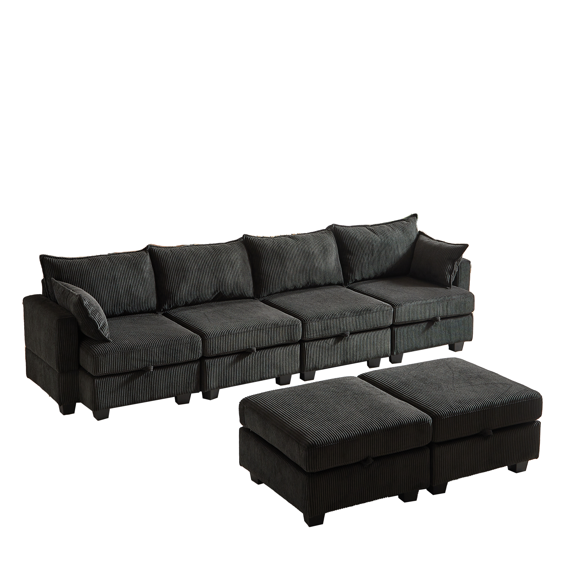 Dark gray corduroy sectional sofa with modular design and two matching ottomans