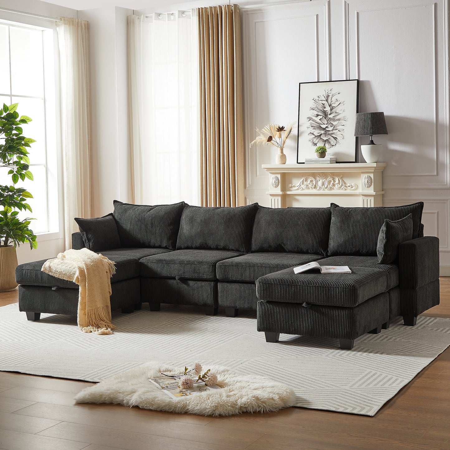 Dark gray corduroy sectional sofa with chaise and throw blanket