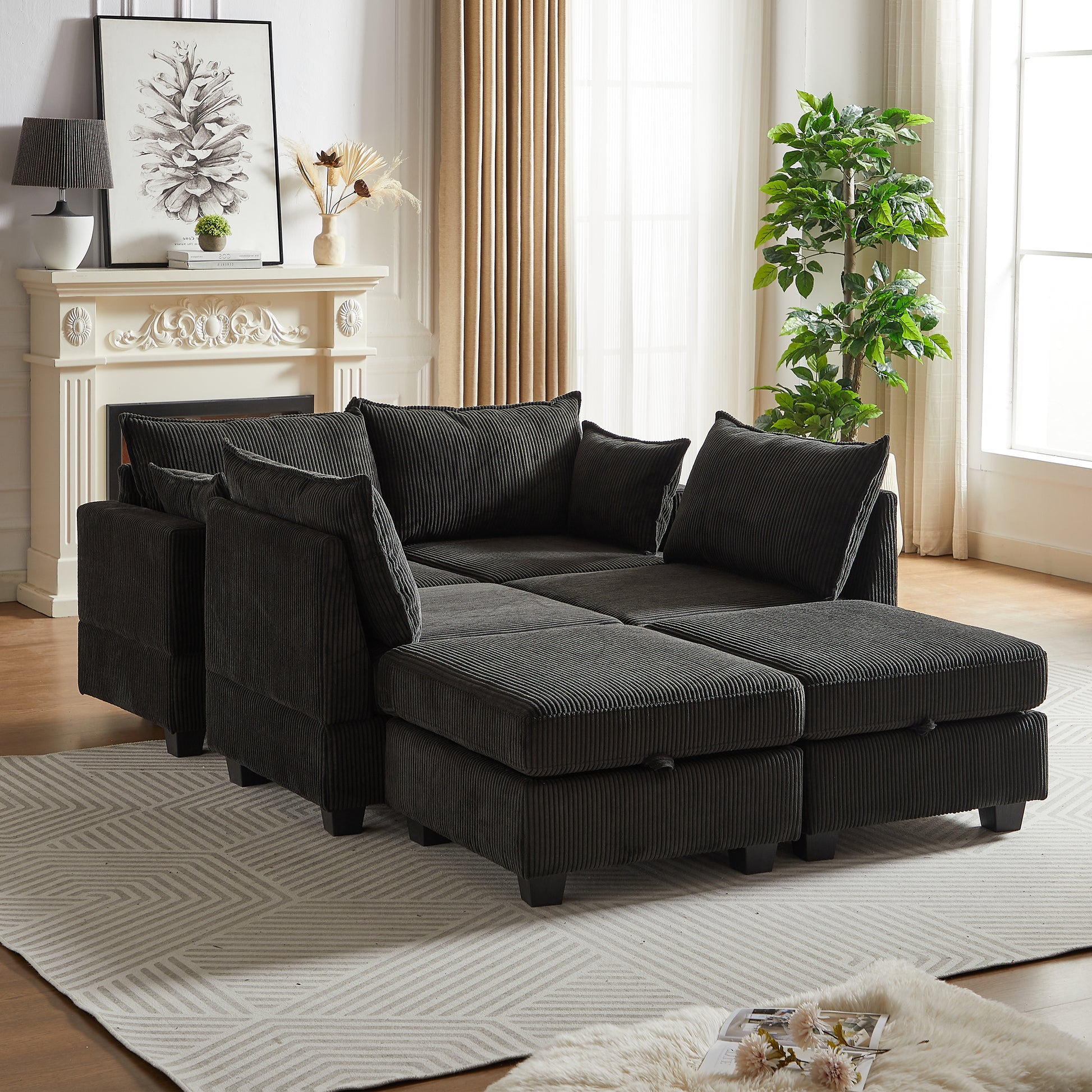 Dark grey corduroy modular sectional sofa with chaise and ottoman