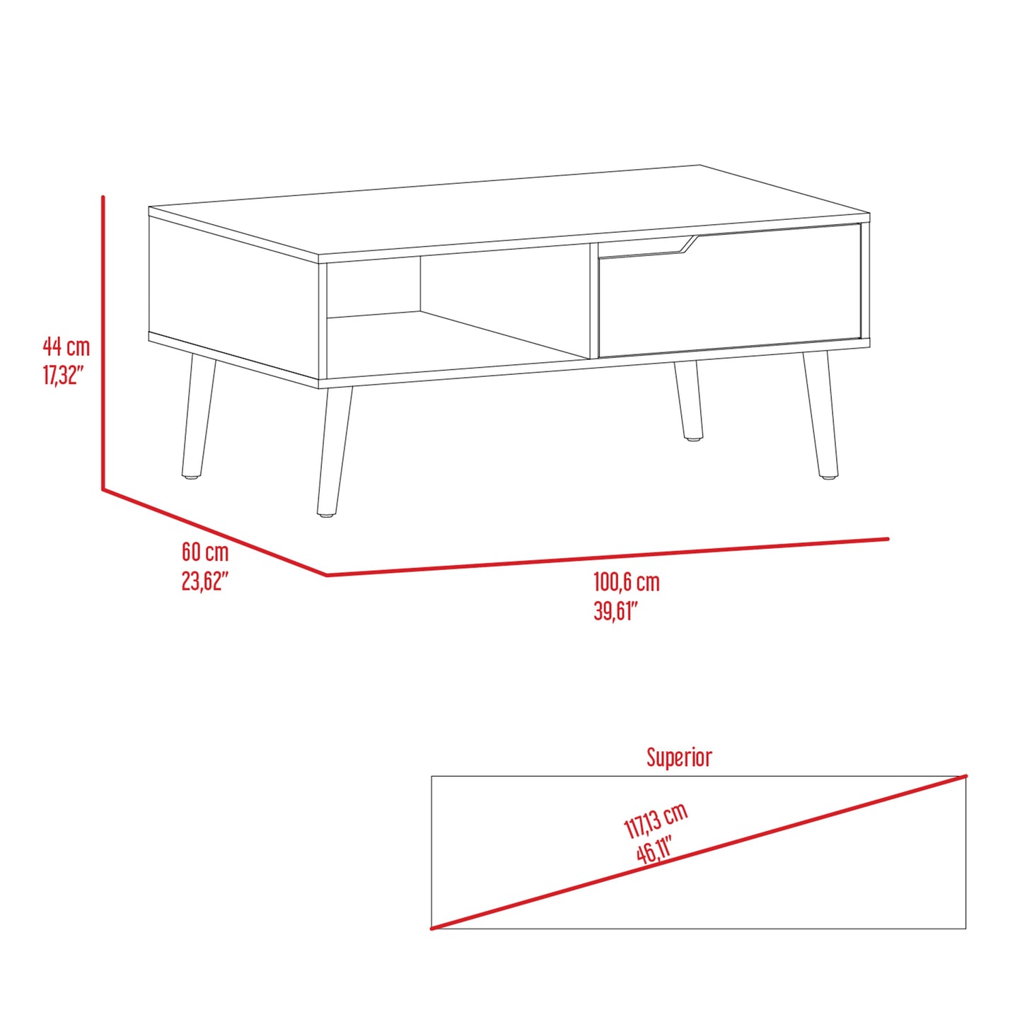 Modern coffee table with a single drawer and open shelf