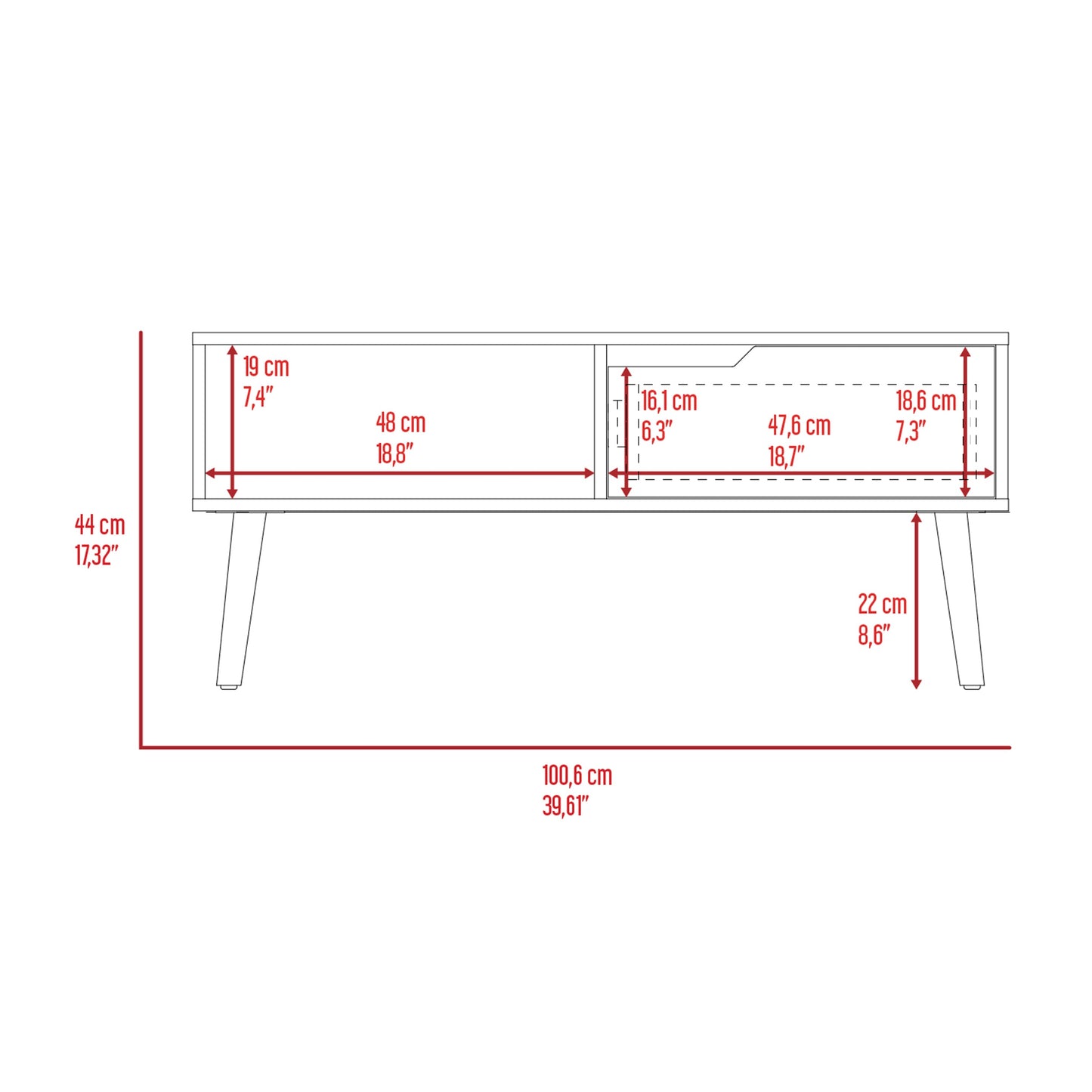 Line drawing of a modern media console with dimensions