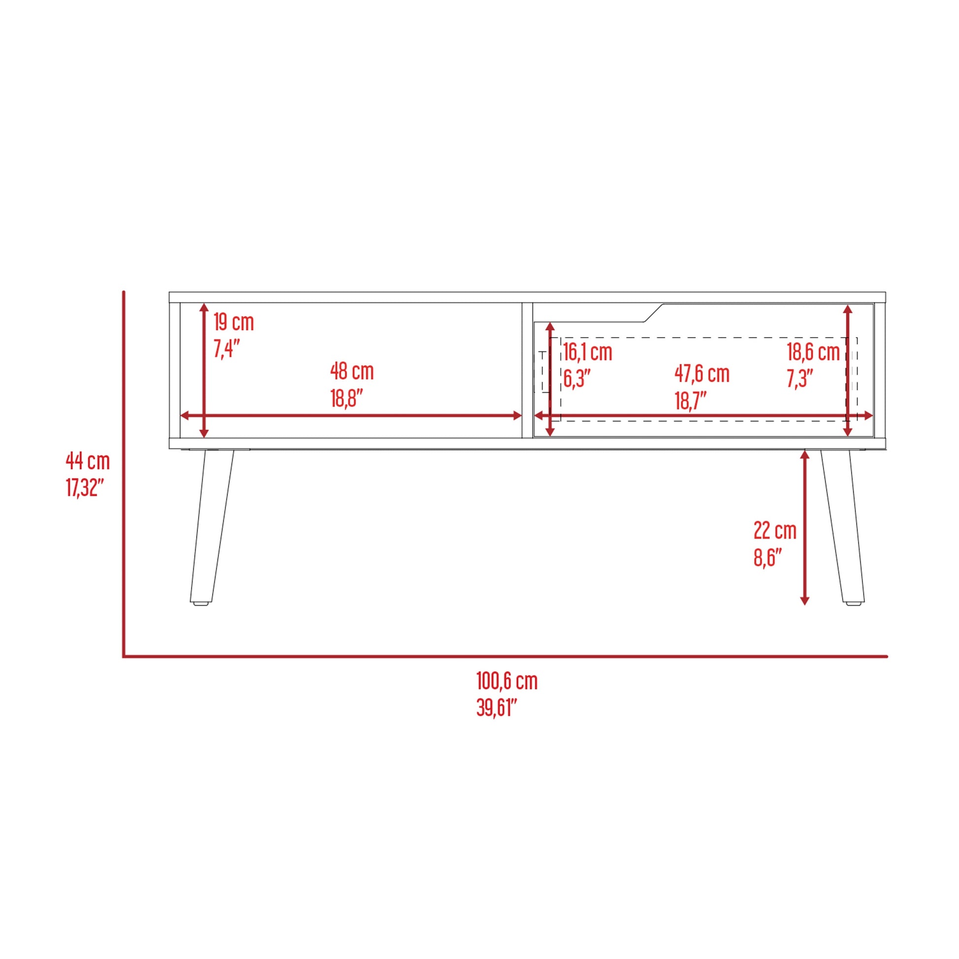 Line drawing of a modern media console with dimensions
