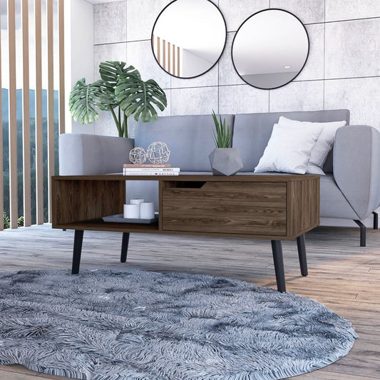 Dark wood coffee table with drawer and open shelf