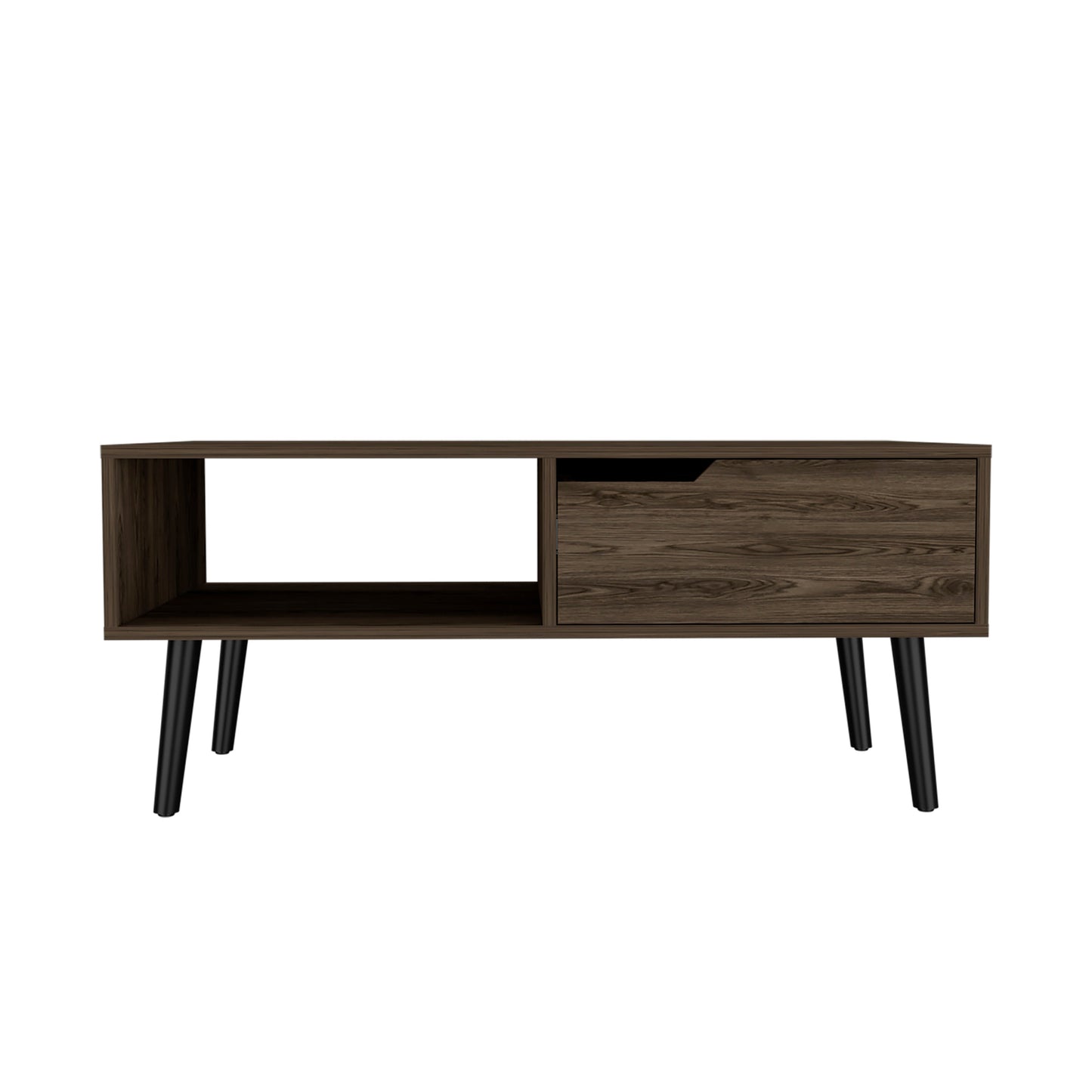 Dark wood media console with tapered legs and open shelving