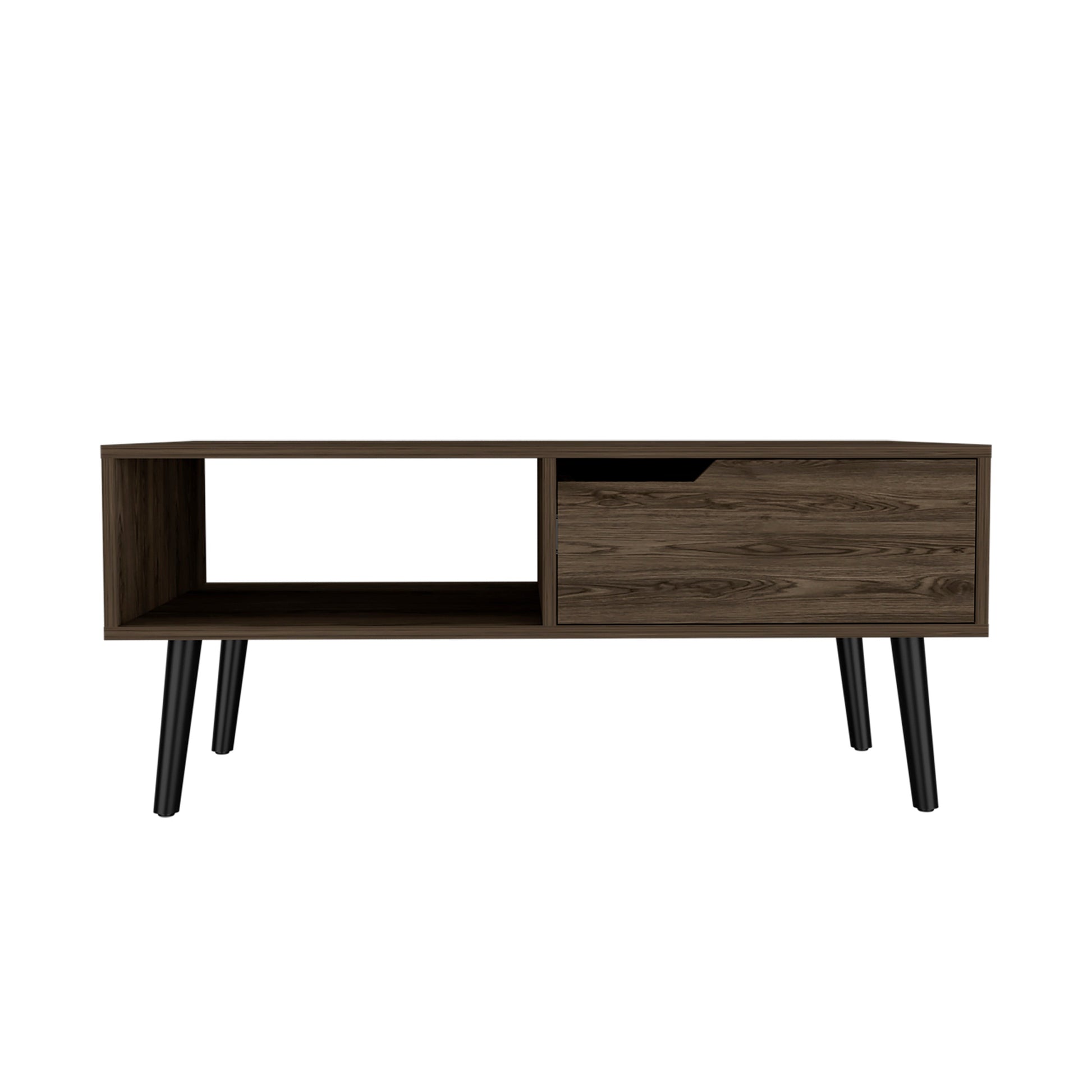 Dark wood media console with tapered legs and open shelving