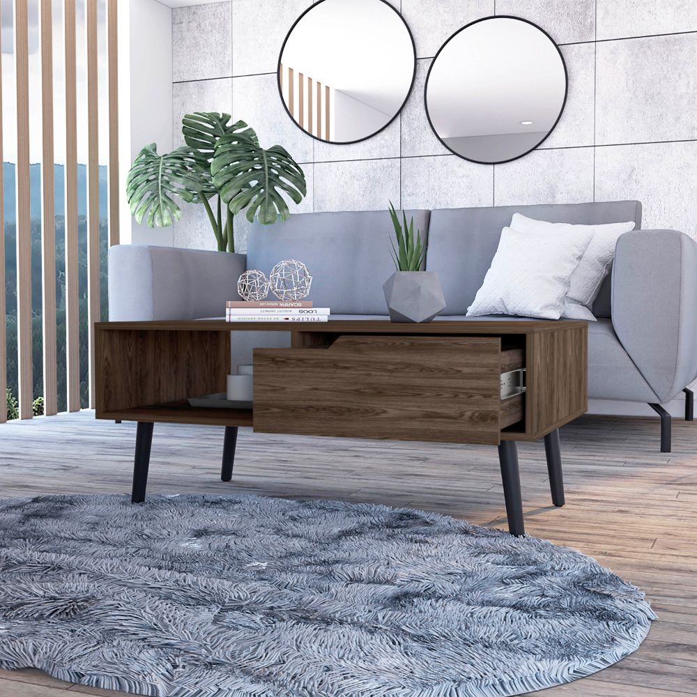 Modern dark wood coffee table with one drawer and open shelf