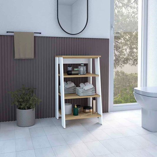 White and wood bathroom ladder shelf with toiletries and towels