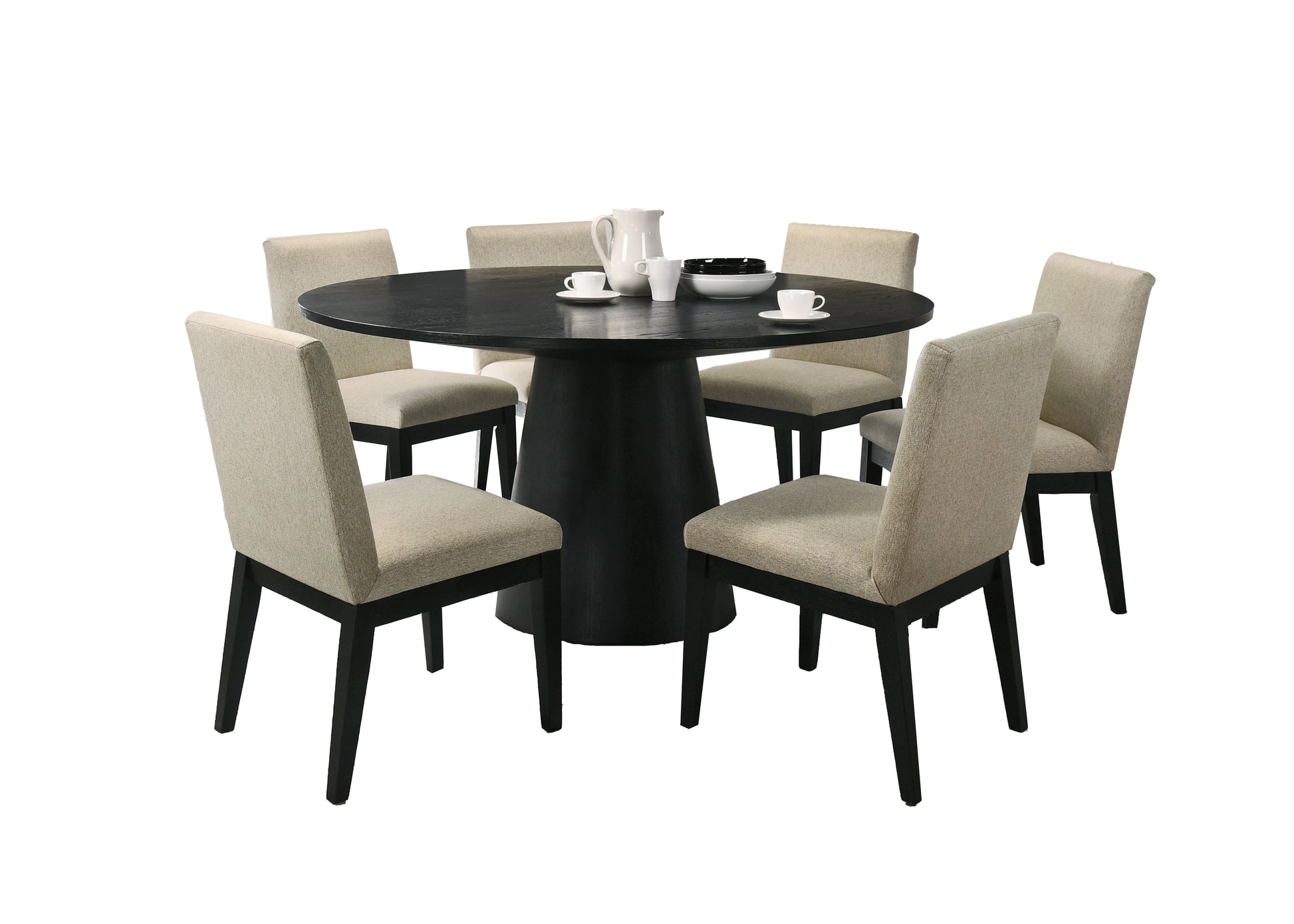 Black pedestal round dining table with six beige upholstered chairs perfect for modern homes