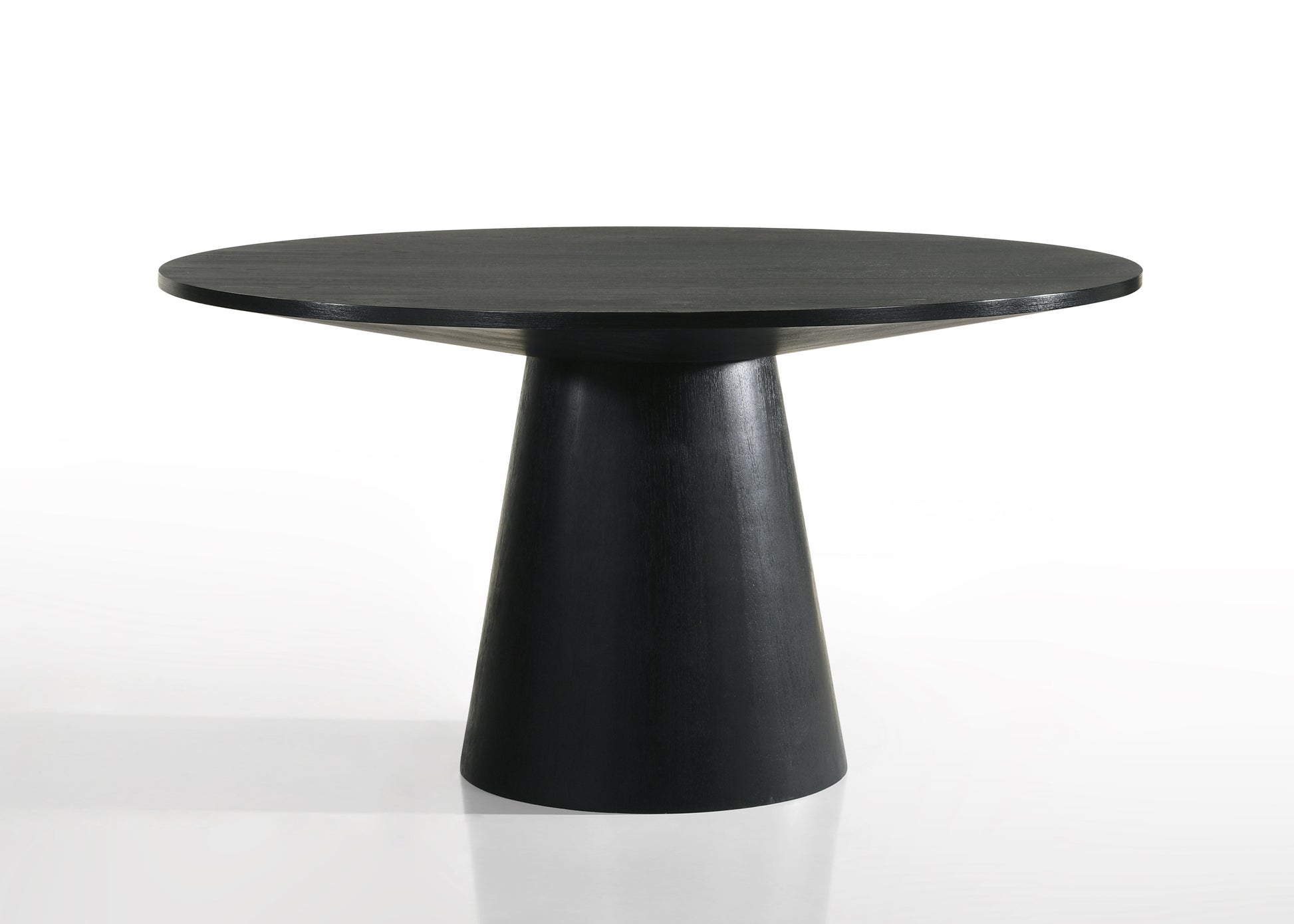 Dark wood round dining table with a conical pedestal base modern design