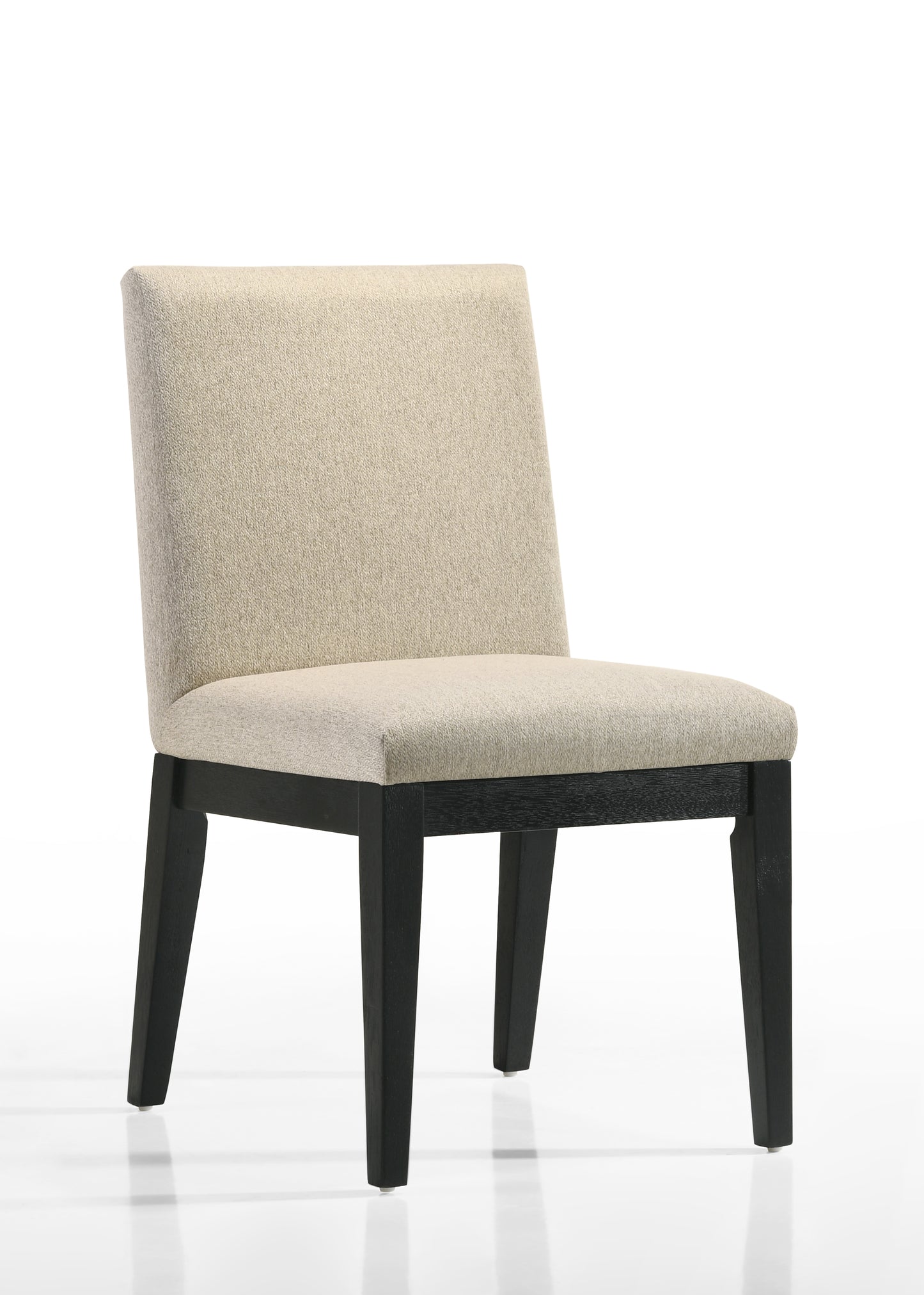 Upholstered dining chair with beige fabric and dark wood legs