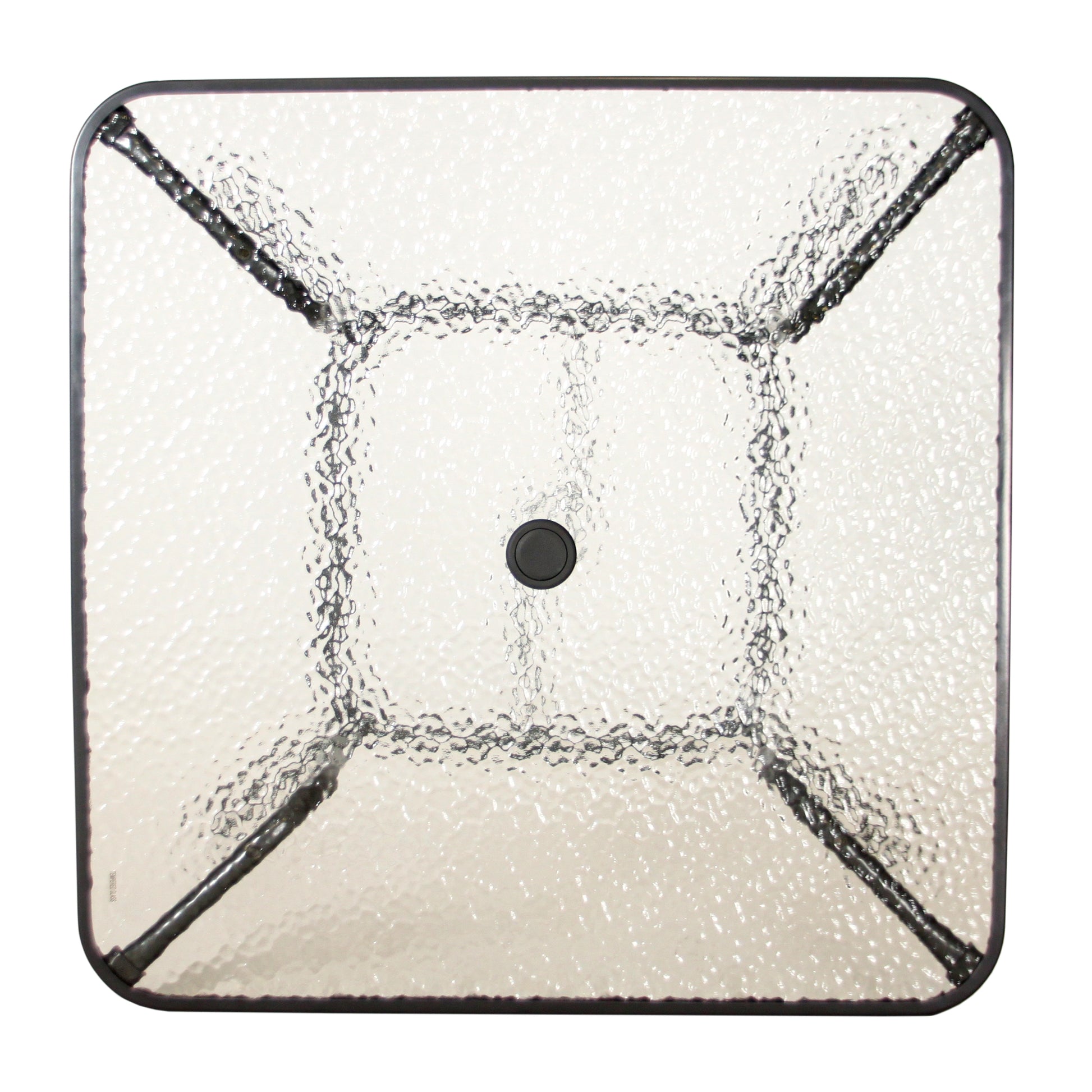 Square glass patio table with textured top and black metal frame  characters