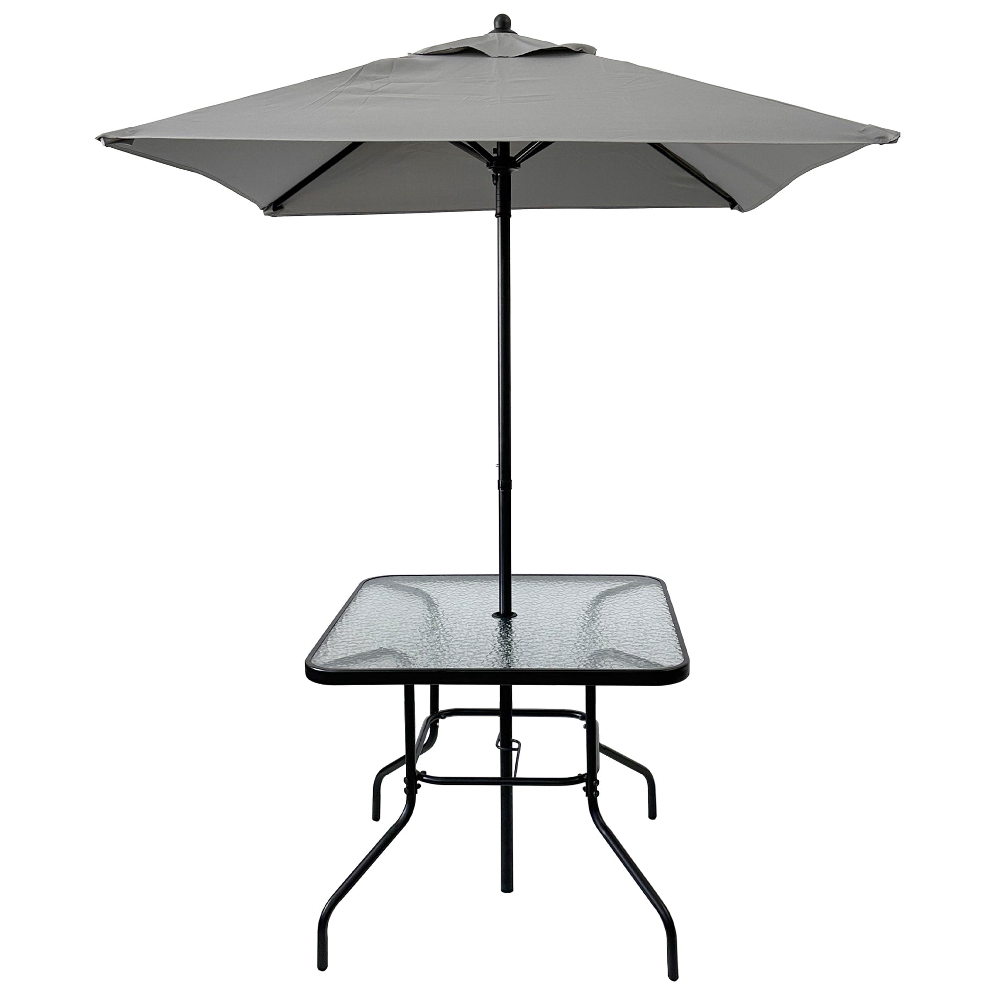 Square glass patio table with a grey umbrella