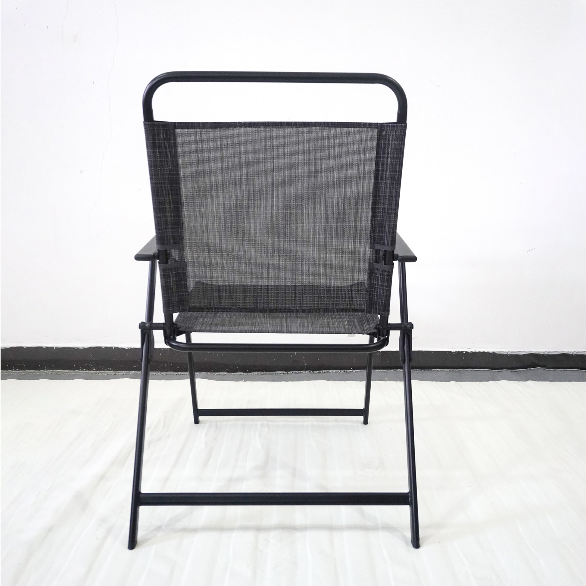 Black mesh folding chair with black metal frame ideal for outdoor patios
