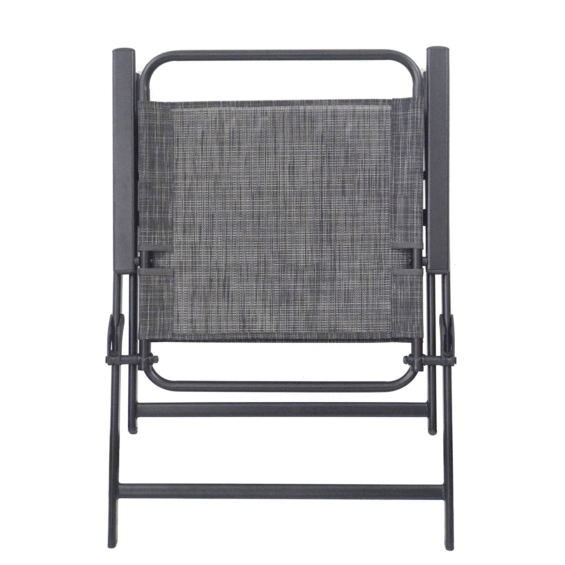 Gray fabric folding chair with dark metal frame