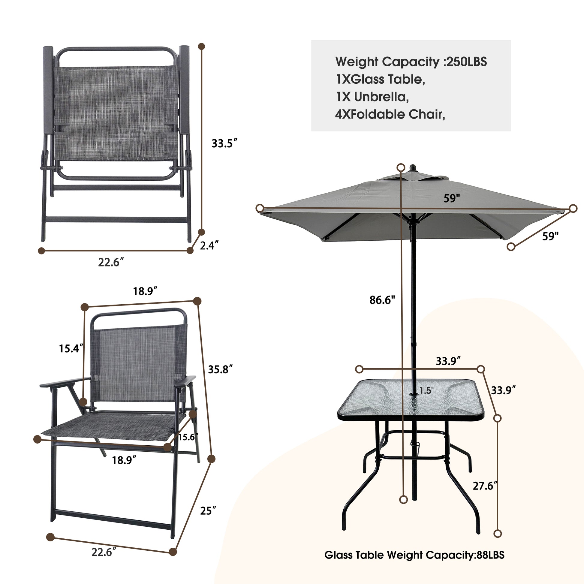 Gray metal patio umbrella with glass top table and four foldable chairs
