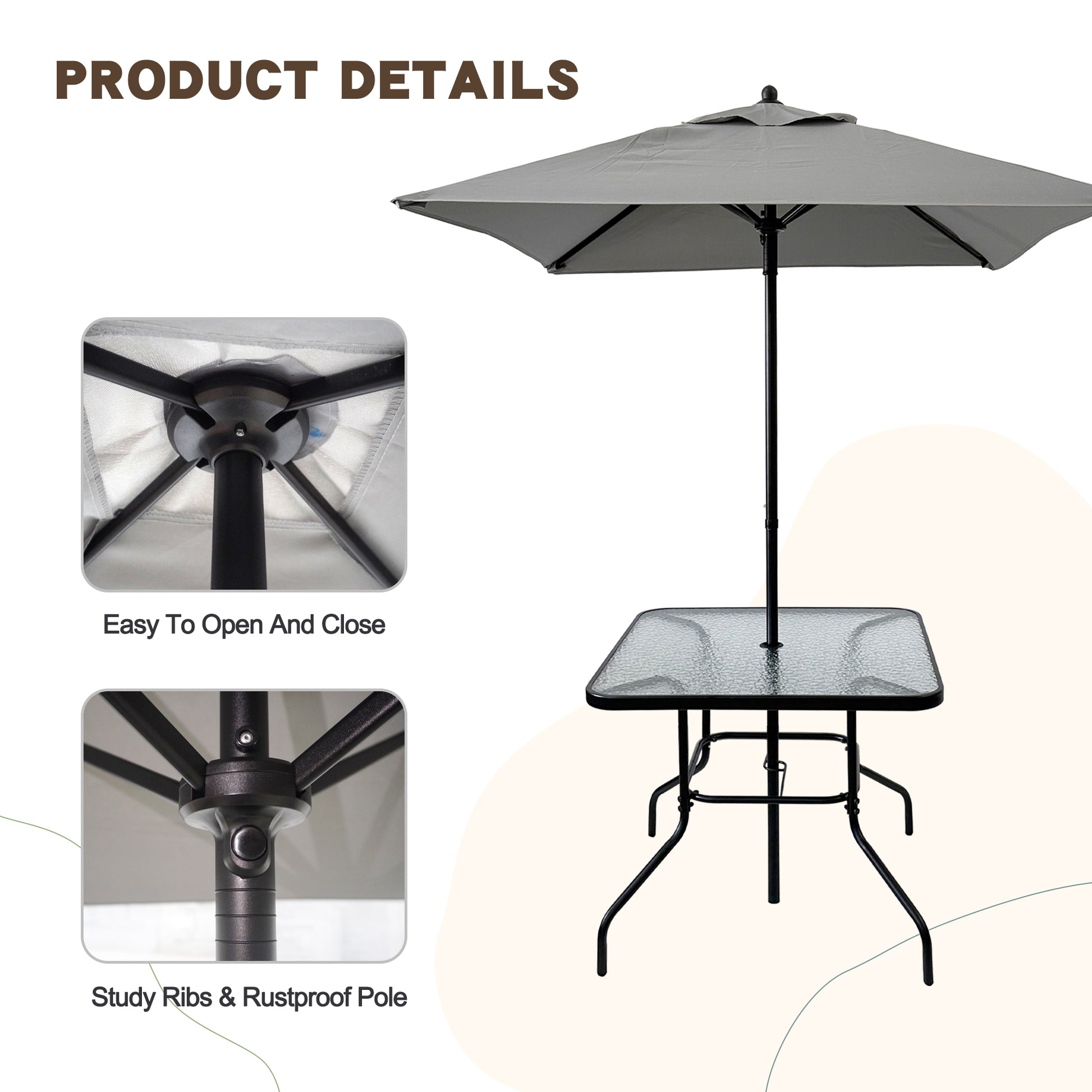 Square glass tabletop outdoor table with a grey patio umbrella and black metal frame