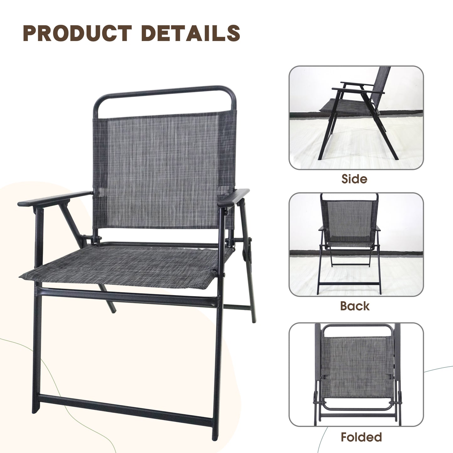 Dark gray mesh fabric folding chair with black metal frame ideal for camping trips