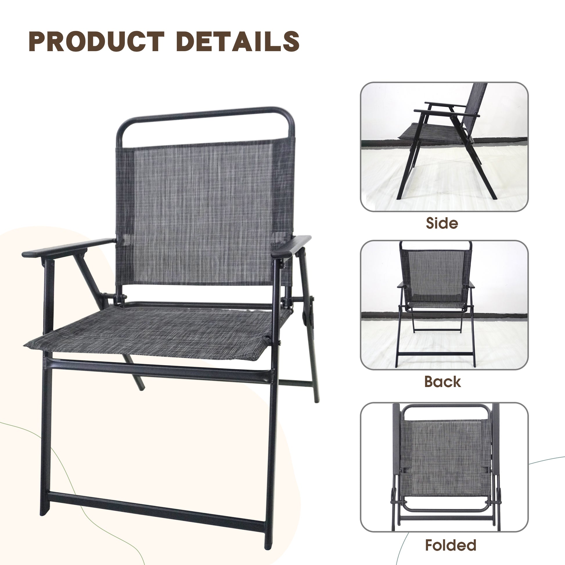 Dark gray mesh fabric folding chair with black metal frame ideal for camping trips