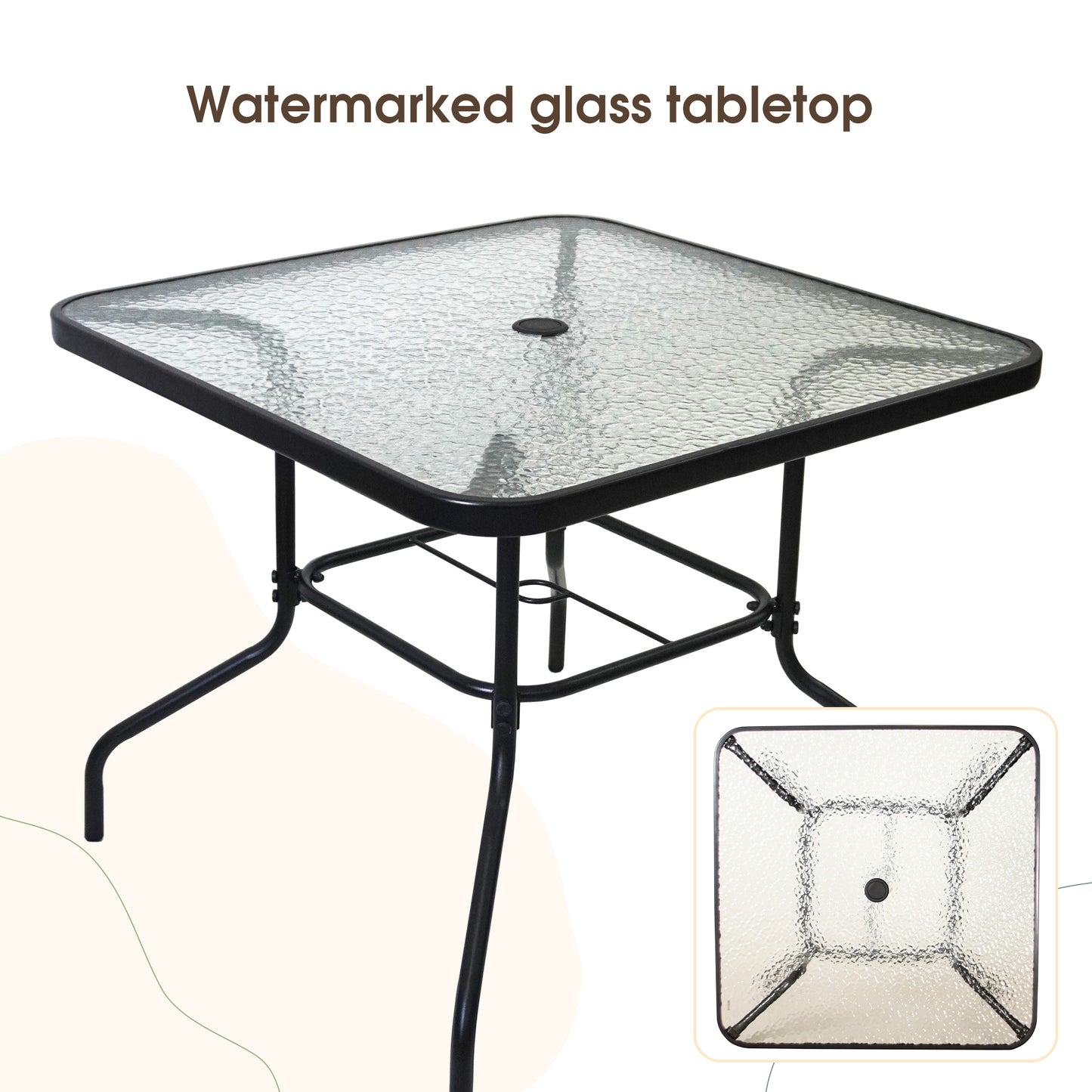 Square glass tabletop with textured surface and black metal frame